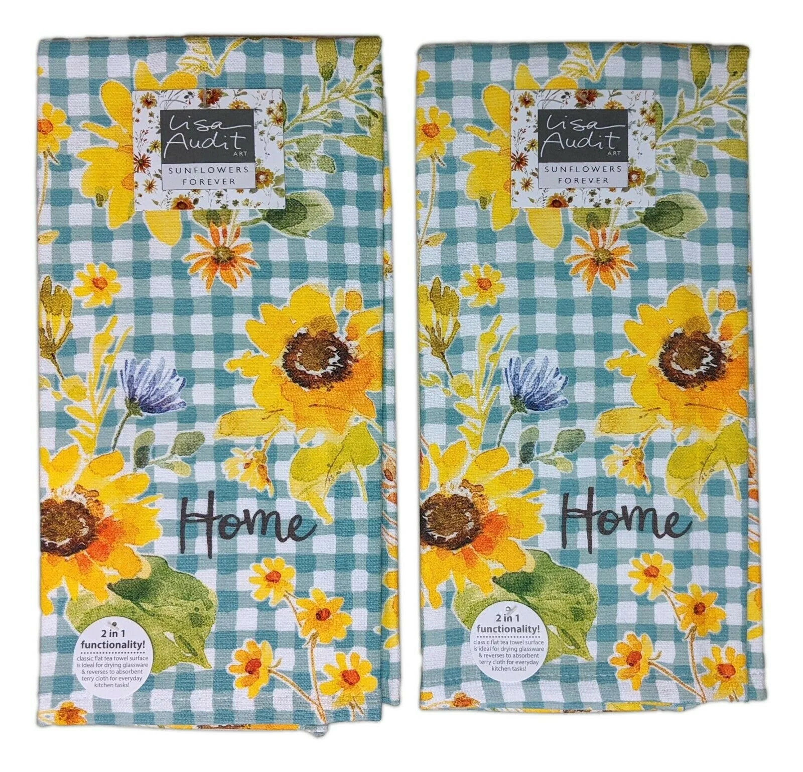 Set of 2 Sunflowers Forever HOME Blue Check Kitchen Towels by Kay Dee Designs