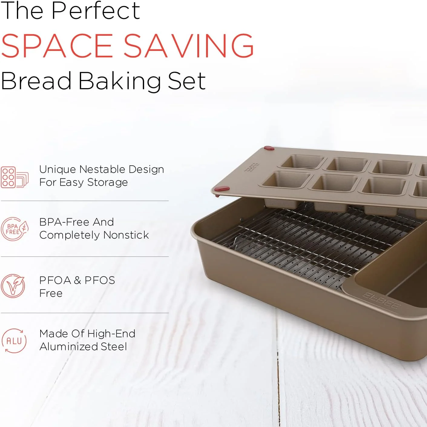 Elbee 8-Pc Bread Baking Pan Set Steel Bakeware Non Stick Pans & Cooling Racks