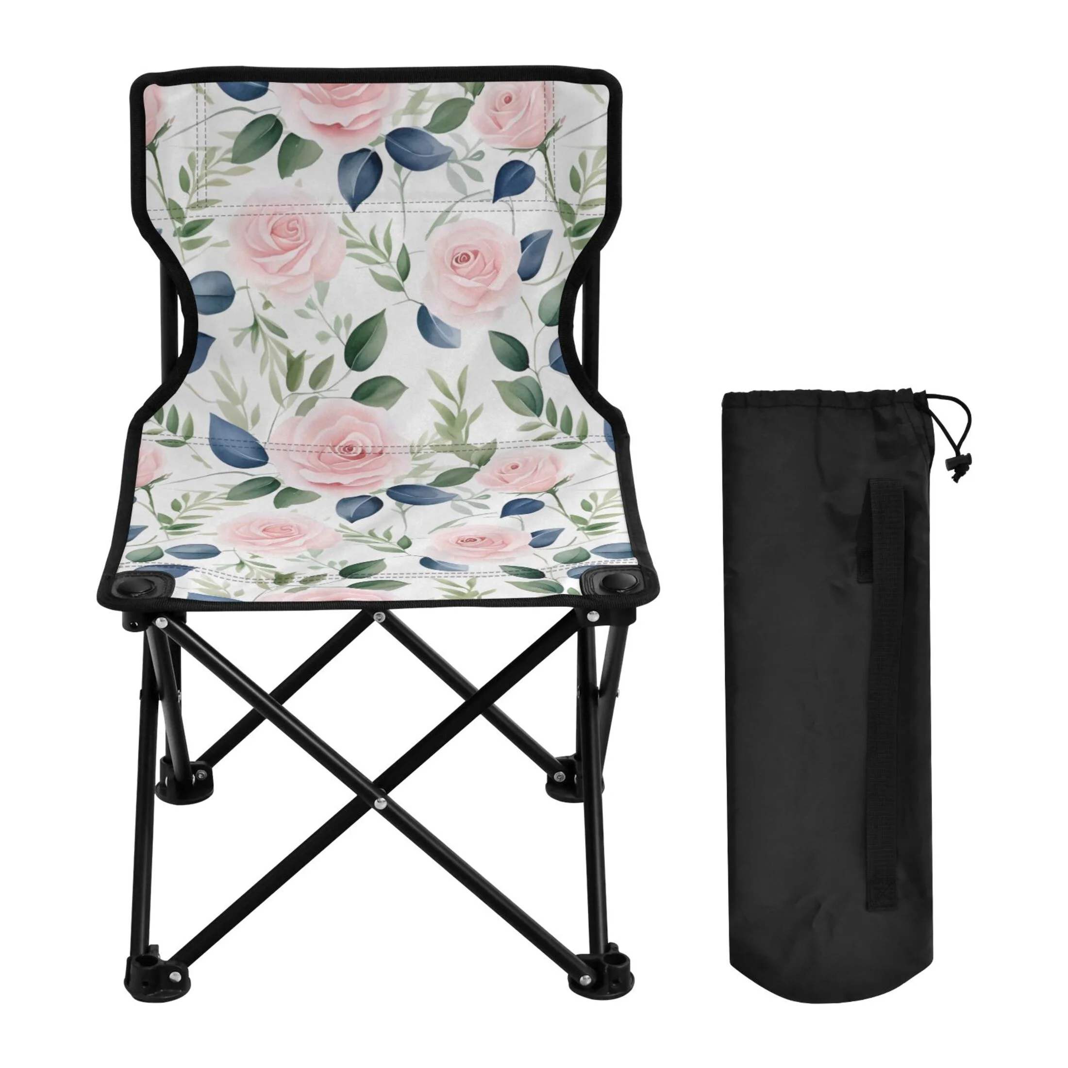 Rose Flowers Pink with Leaves Portable Camping Chair Outdoor Folding Beach Chair Fishing Chair Lawn Chair with Carry Bag Support to 220LBS