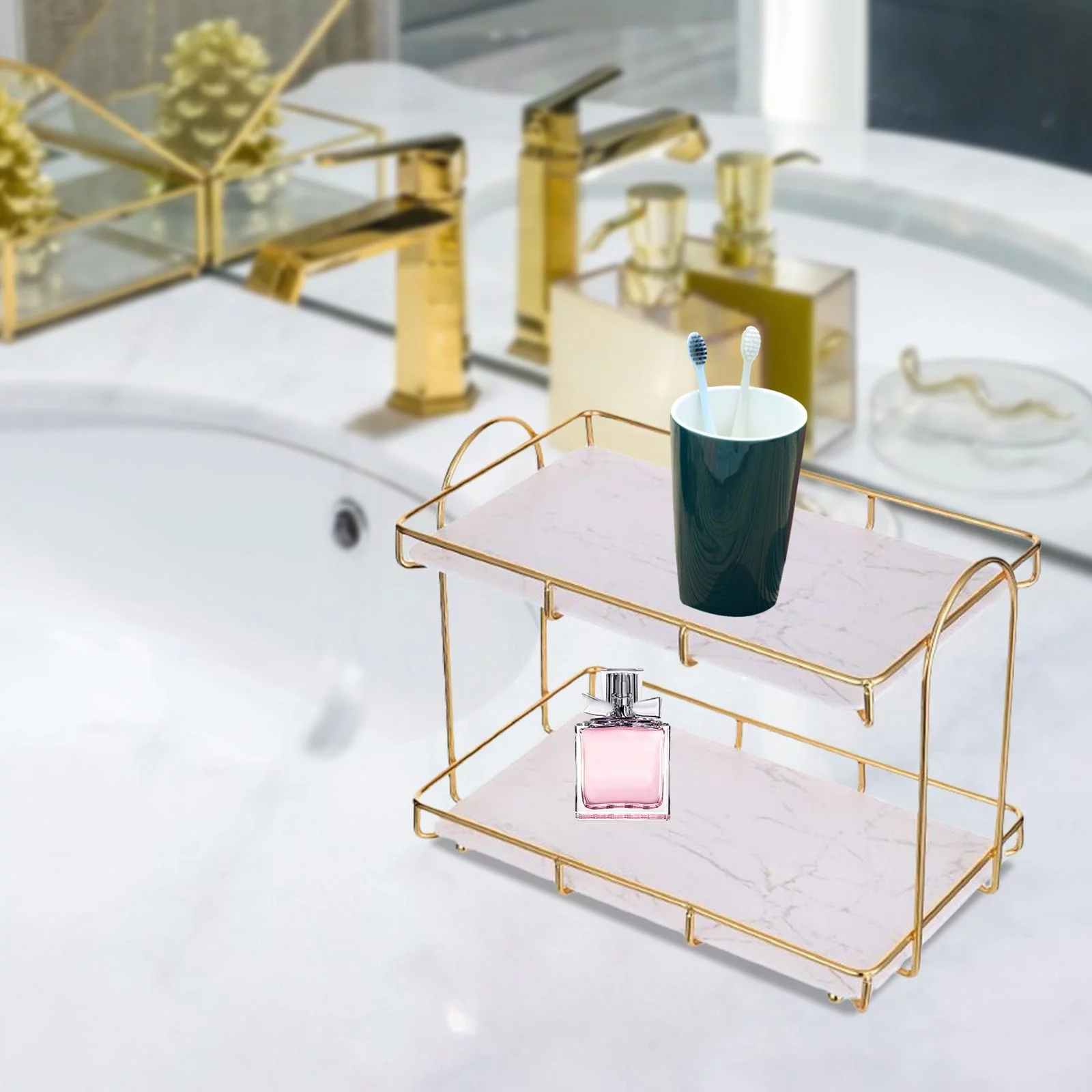 Countertop Storage Rack,2 Layer Cosmetic Storage Box Organizer,Lipstick Makeup Holder,Perfume Display Bathroom,Countertop, L