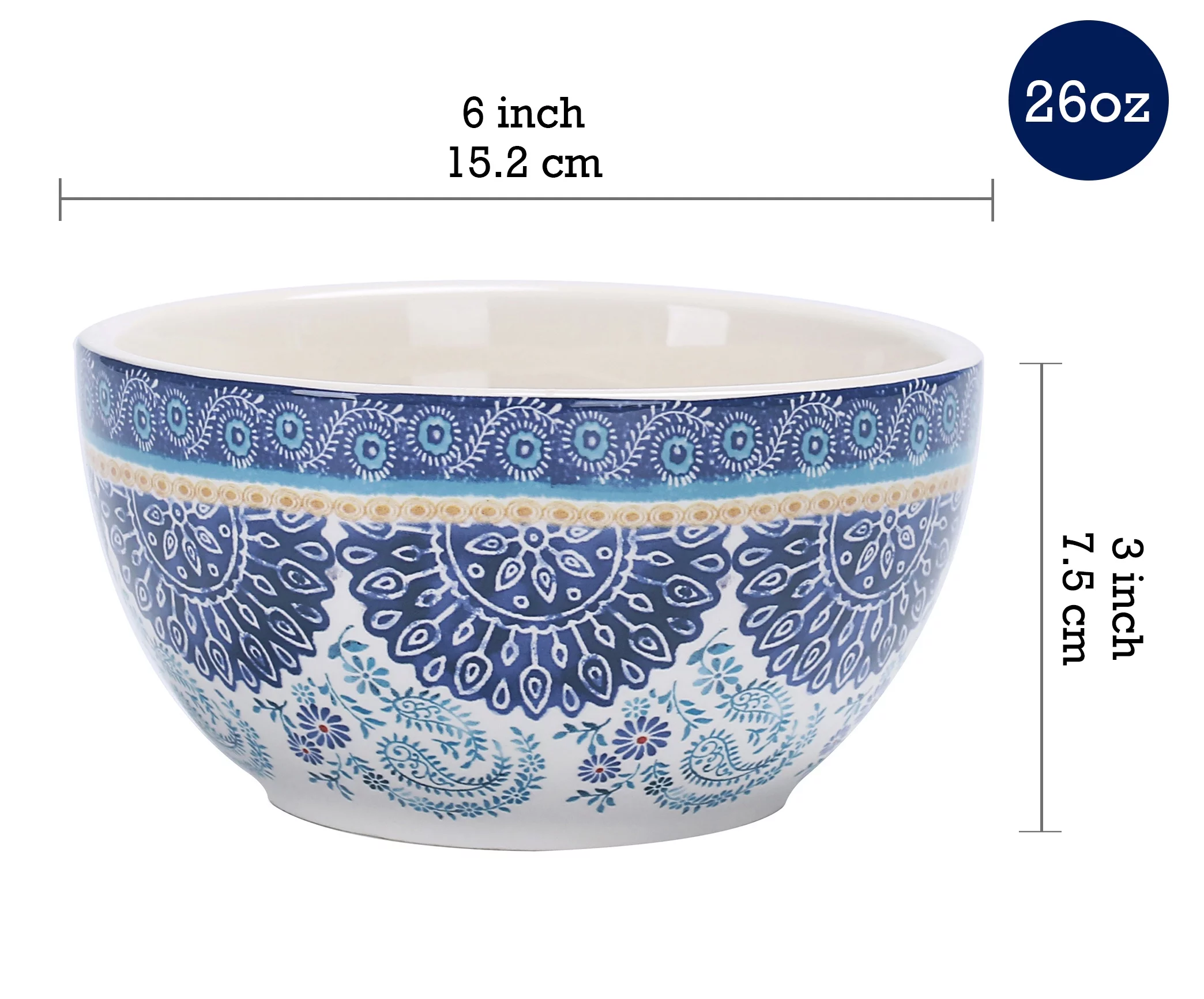 Bico Blue Talavera 26oz Ceramic Cereal Bowls, Set of 4, for Pasta, Salad, Cereal, Soup & Microwave & Dishwasher Safe