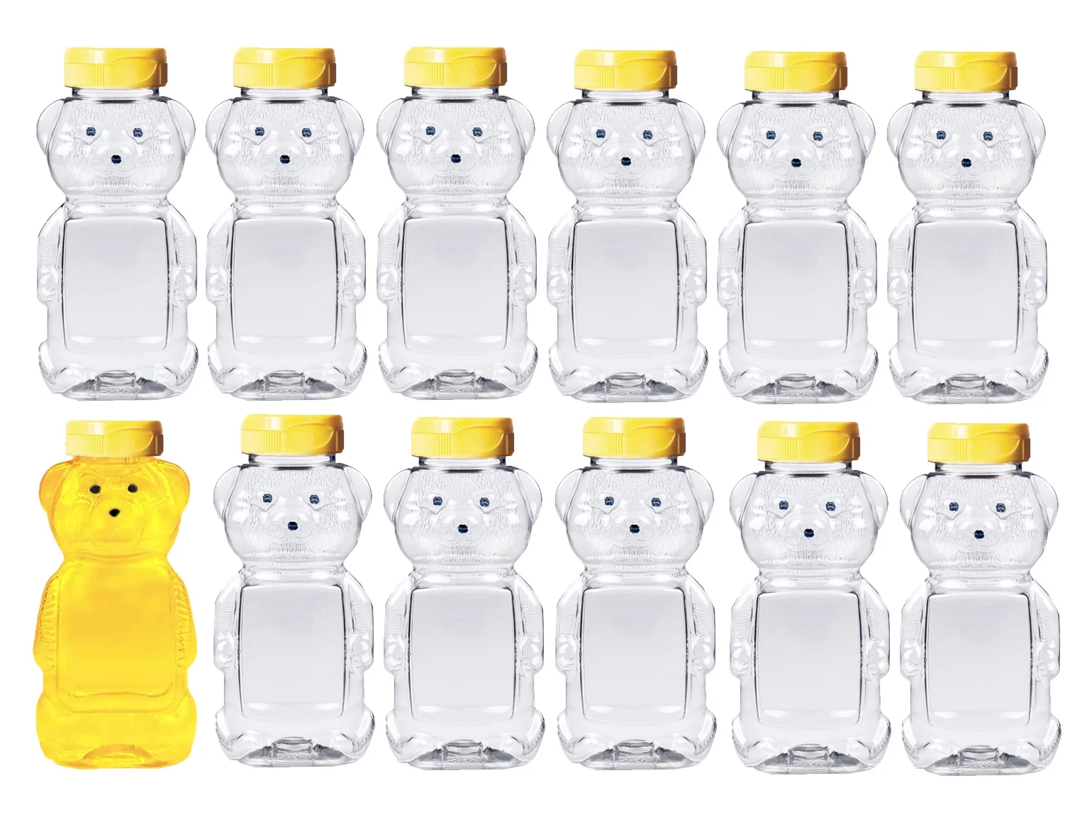 Parker Made in USA Honey Bottle Bear 12 Oz Clear Container Squeeze Jar with Lid, Bulk PETE (12 Pack)