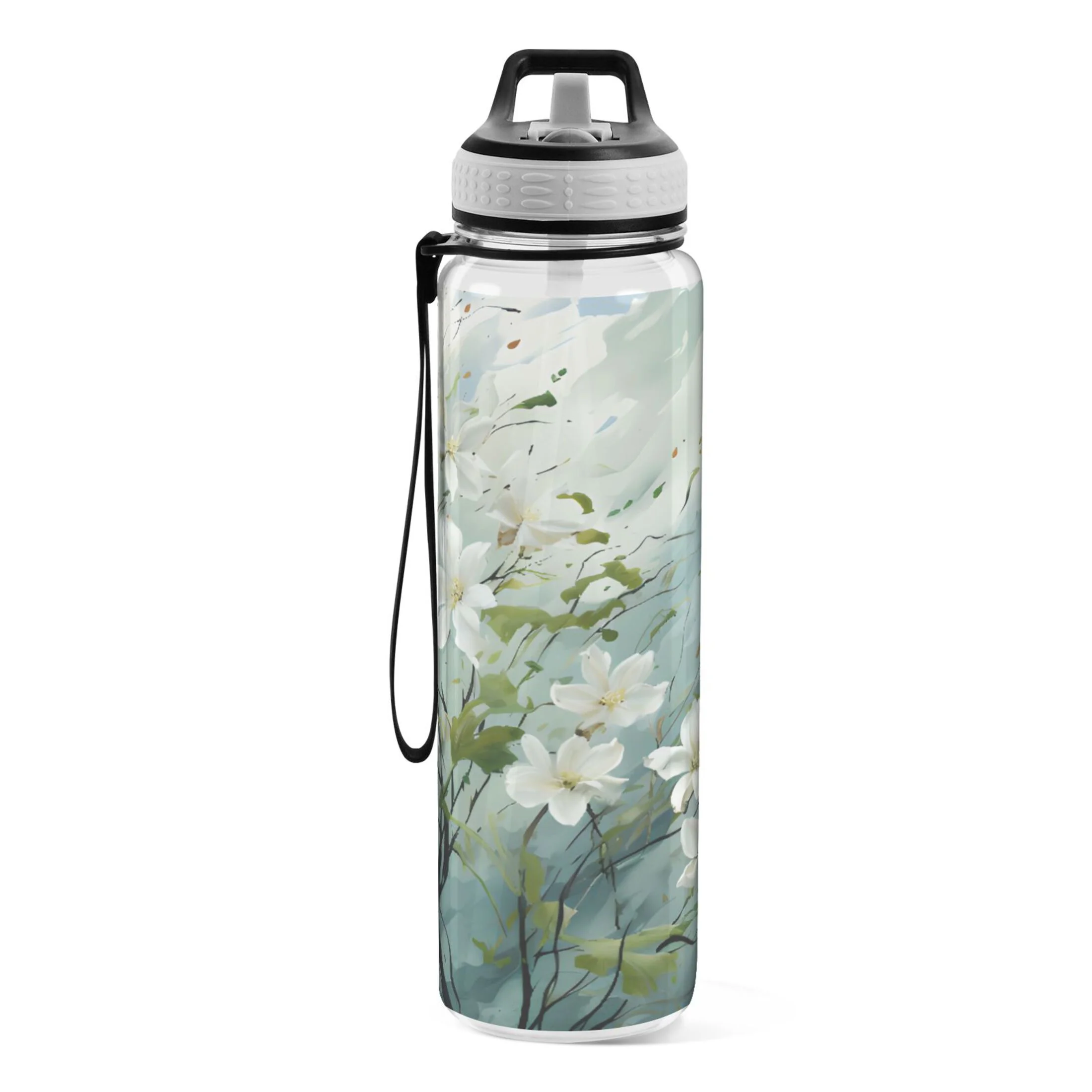 Jasmine Flowers 32oz Sports Water Bottles Leakproof Tritan Bottle with Straw BPA Free Clear Bottle for Fitness Gym Outdoor Cycling