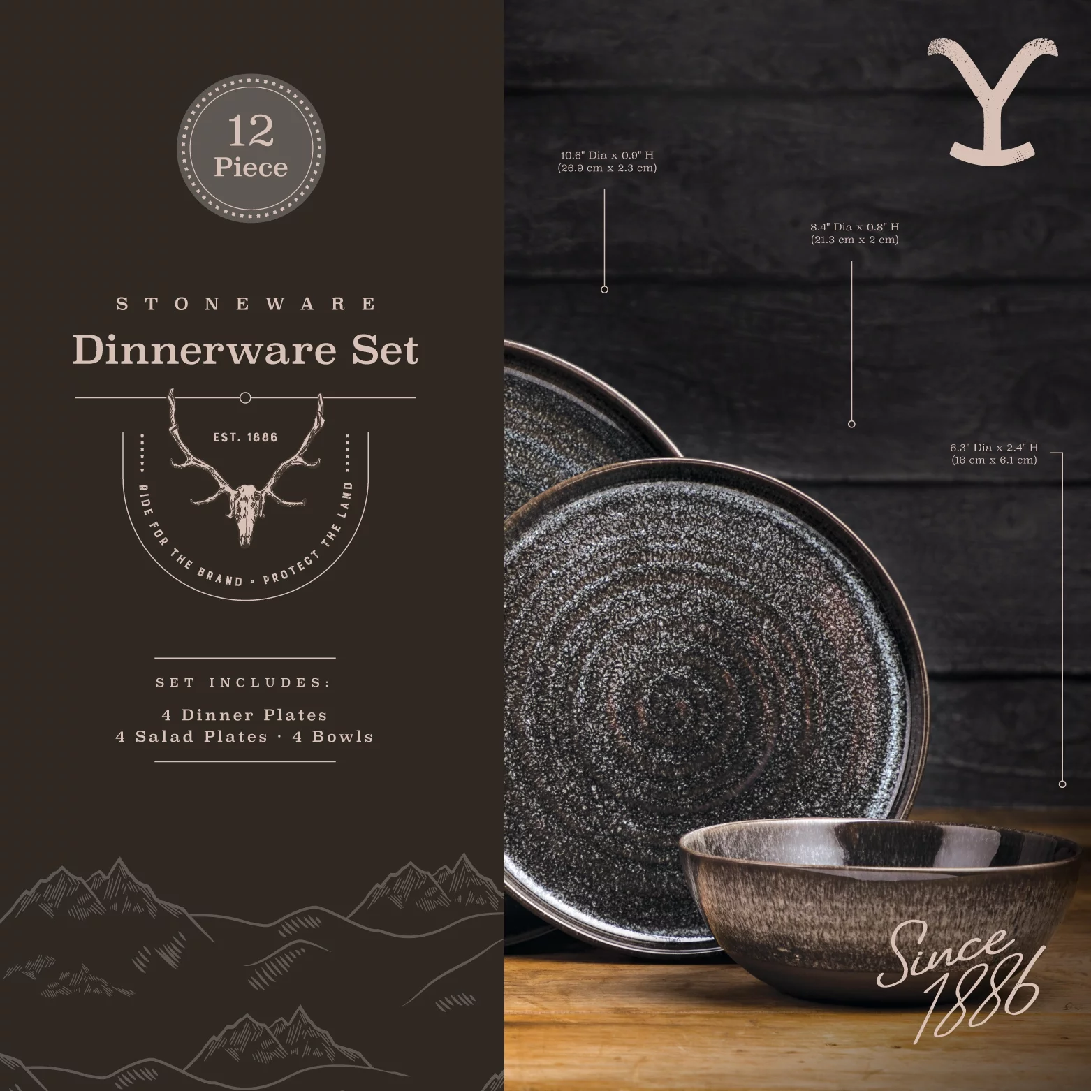 Yellowstone 12-Piece Ceramic Dinnerware Set, Rip Collection