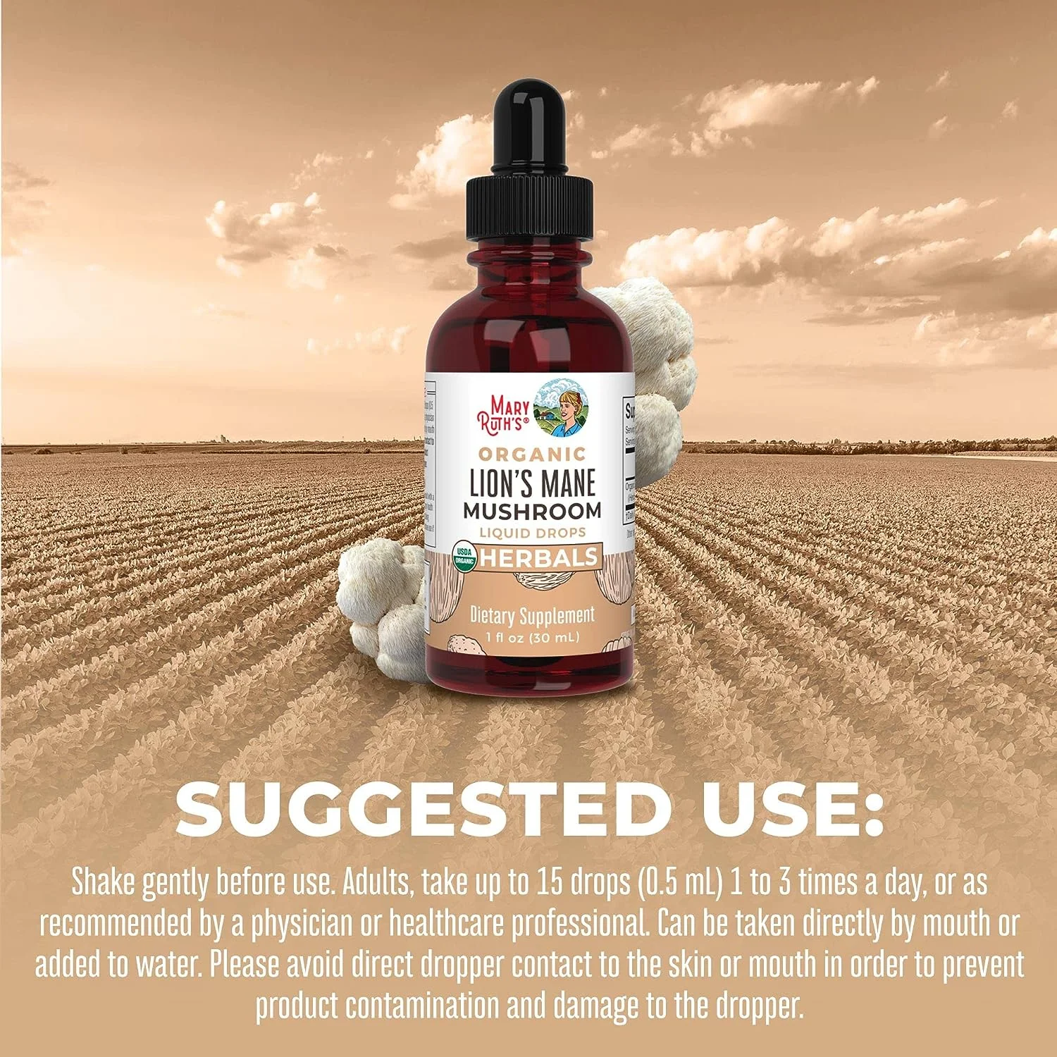 MaryRuth's | USDA Organic Lions Mane Mushroom Liquid Drops | Nootropic Herbal Supplement | Vegan, Non-GMO | 1 fl oz / 30 mL