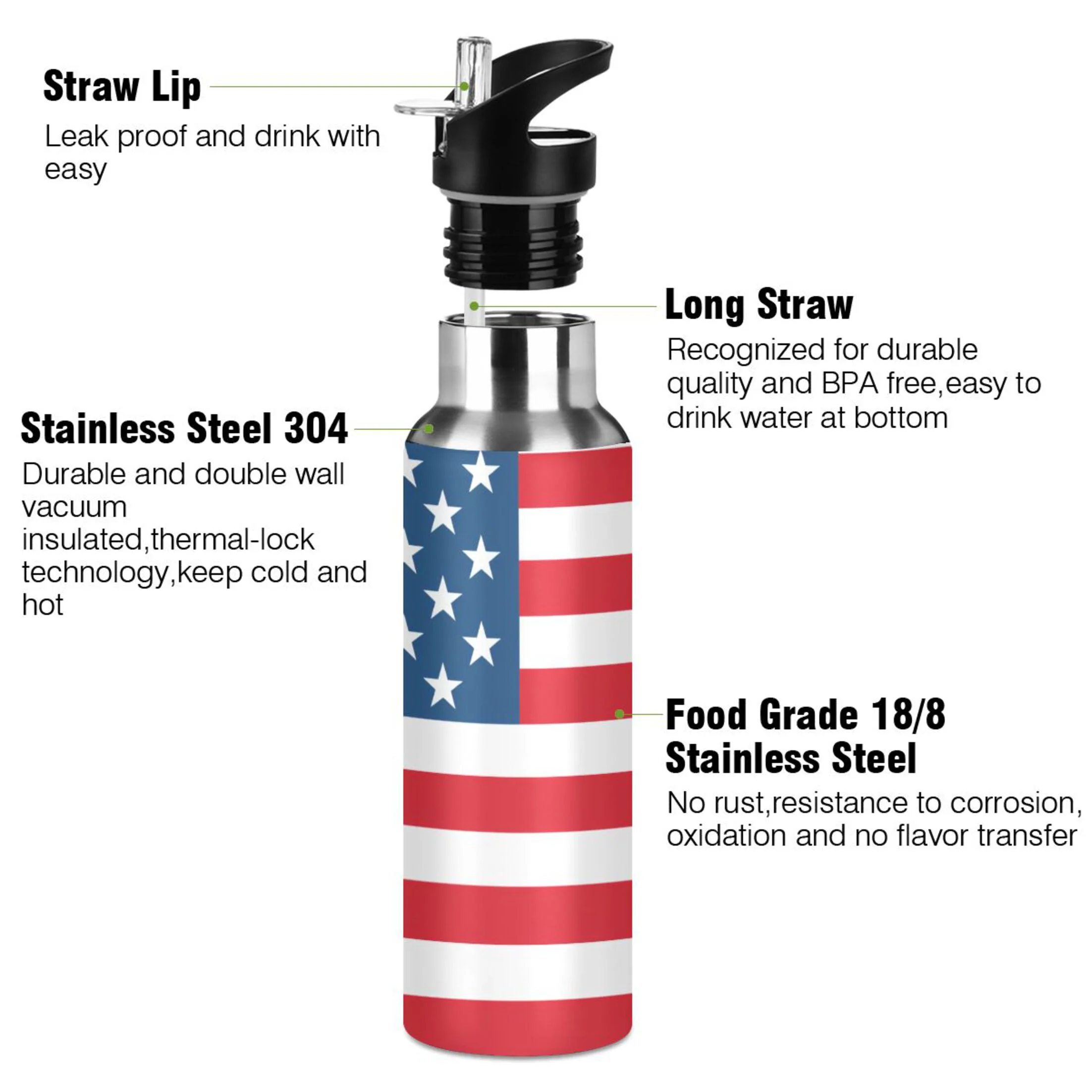 American Flag Red Water Bottles Insulated Thermos Kids Stainless Steel Bottle with Straw Lid Flask Leakproof for Sports Gym 20 oz