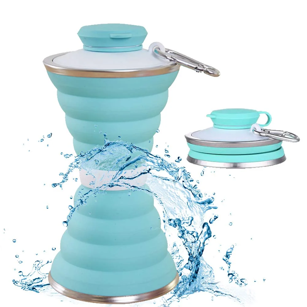 FOAUUH Water Bottle, Camping Cup With Carabiner, Reuseable Silicone Foldable Leak Proof Portable Sports Travel Water Bottles, BPA Free, Cycling Cups with Carabiner（green）