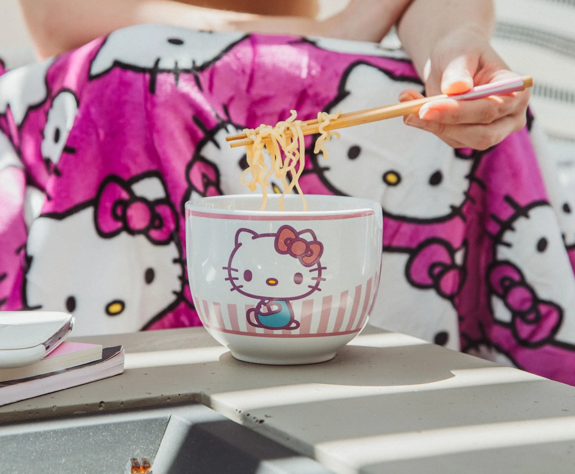 Sanrio Hello Kitty Tokyo Pink Stripes Ramen Bowl with Chopsticks