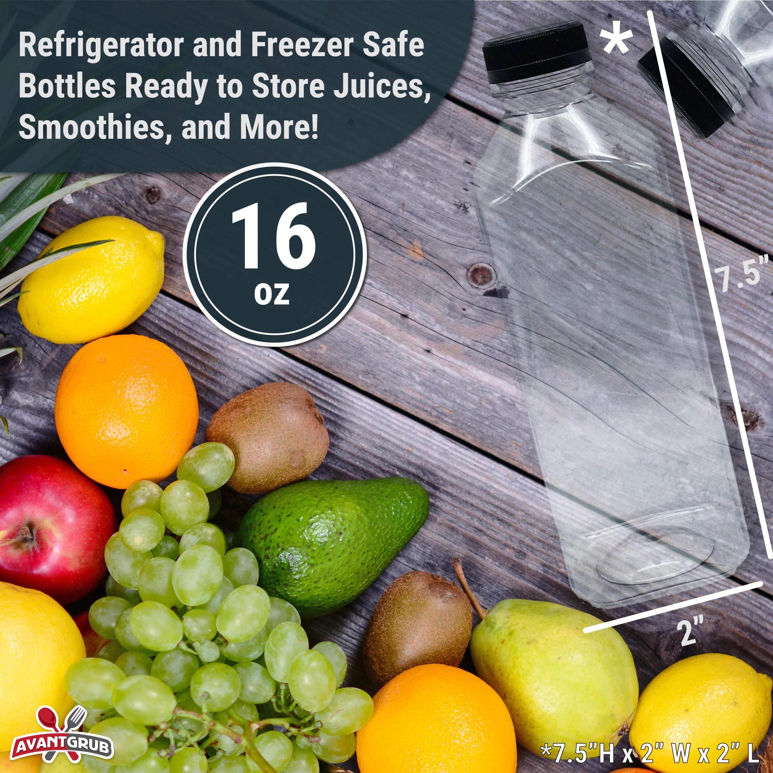 Avant Grub 16.9 fl oz Clear Reusable, Empty Plastic Juice Bottles with Lids, 10 Pack