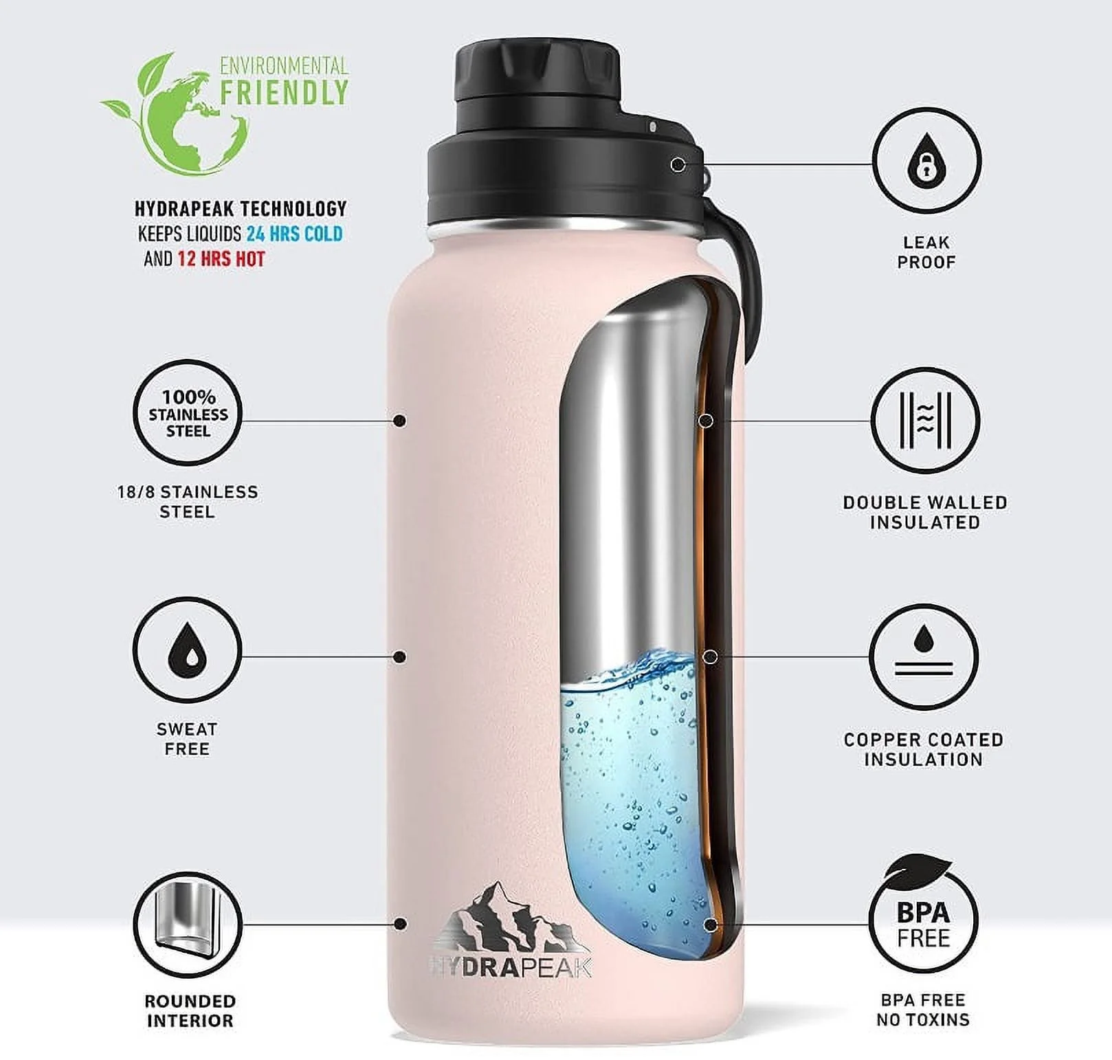 Hydrapeak 32 oz Insulated Water Bottle with Chug Lid - Reusable Leak Proof Stainless Steel Water Bottles, Double Wall Vacuum Insulation | 24 Hours Cold and 12 Hours Hot (Seashell)