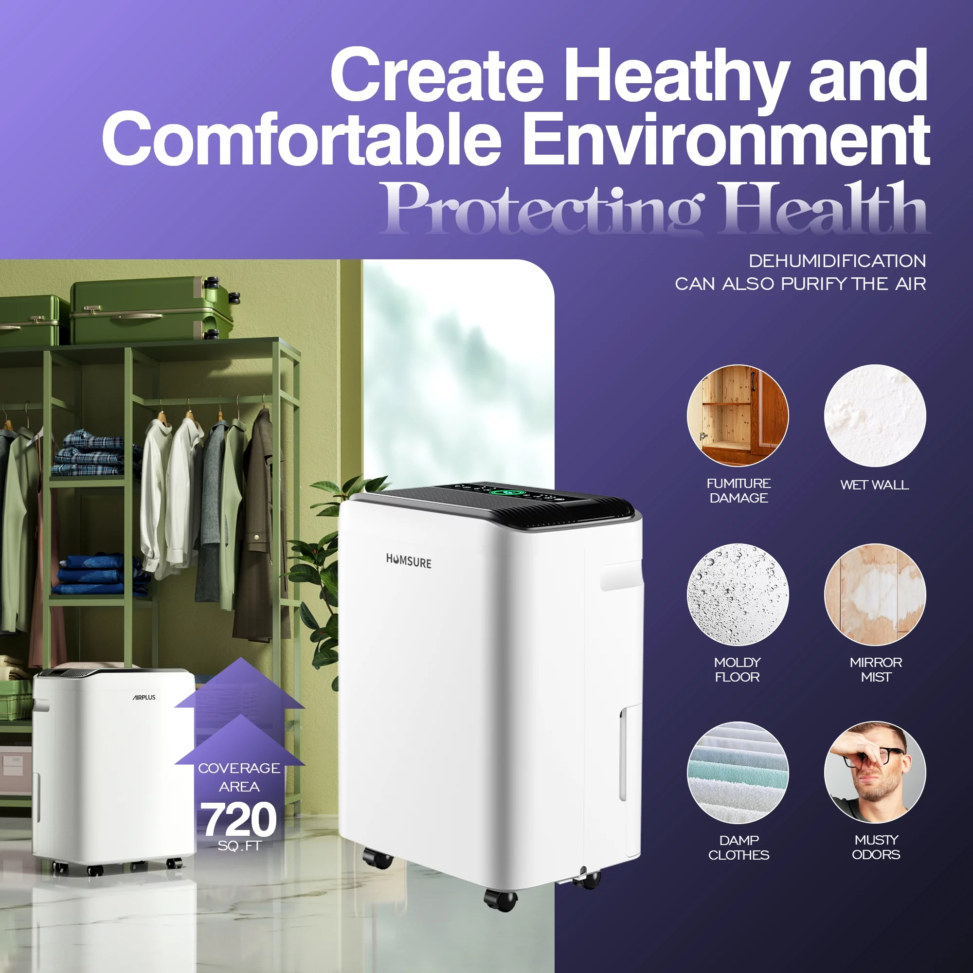 Humsure Dehumidifier 70 Pints 4500 sq ft Large Household, Equipped With Drainage Hoses, Intelligent Touch Control, And Low Noise Dehumidifier, 24-Hour Timer