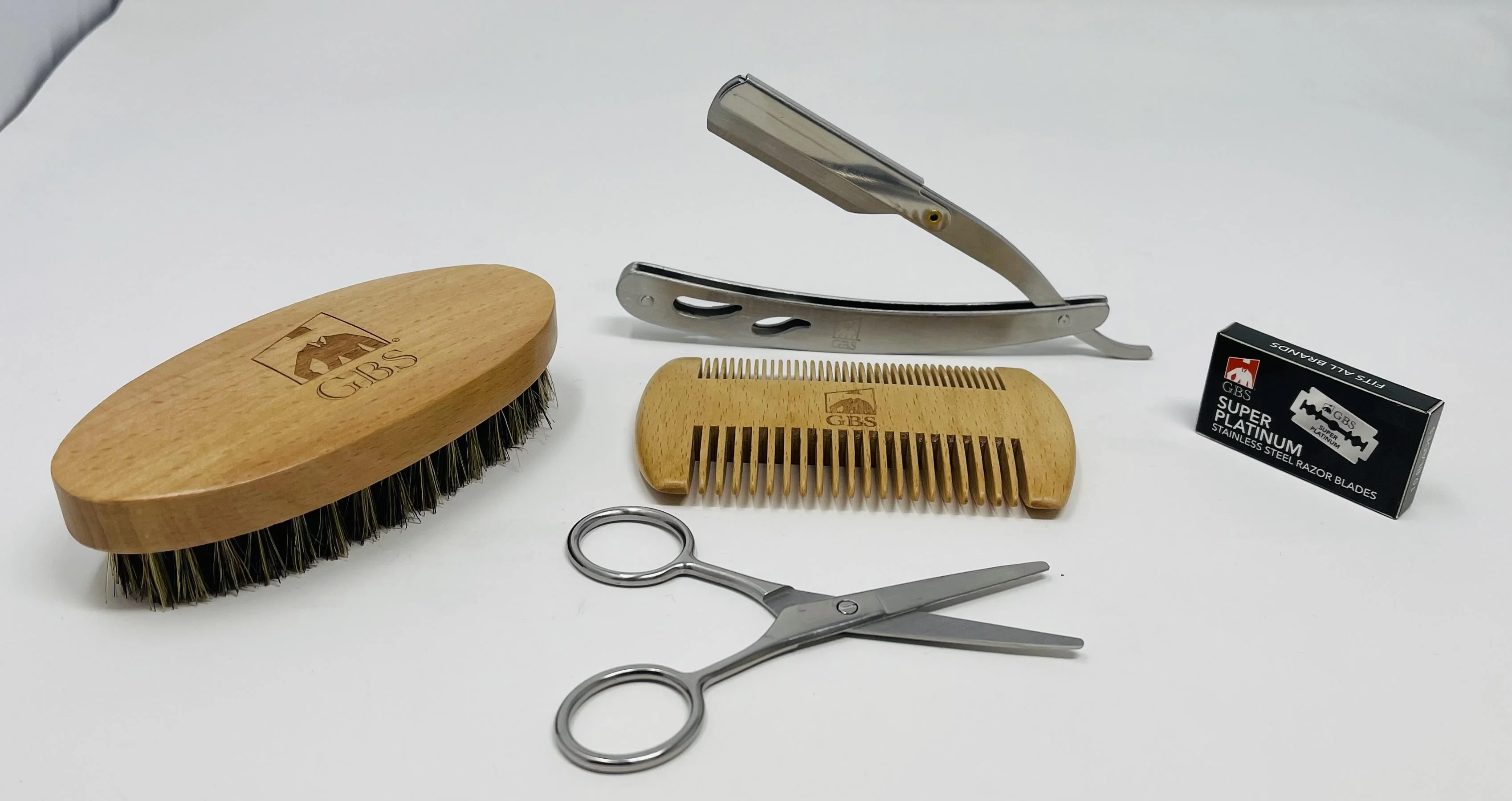 G.B.S Mens Beard Kit - Heavy Duty Stainless Shavette, Natural Boar Bristle Beard Brush Oval Bamboo Handle, Anti Static Two sided beard comb Professional Barber Scissors, and Blades!