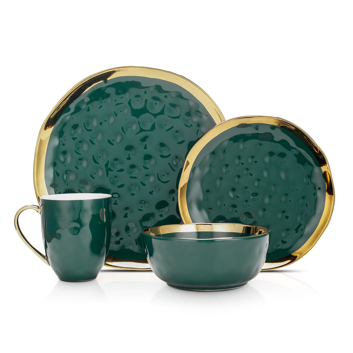 Stone Lain Florian Porcelain 16-Piece Dinnerware Set, Service for 4, Green and Golden Rim