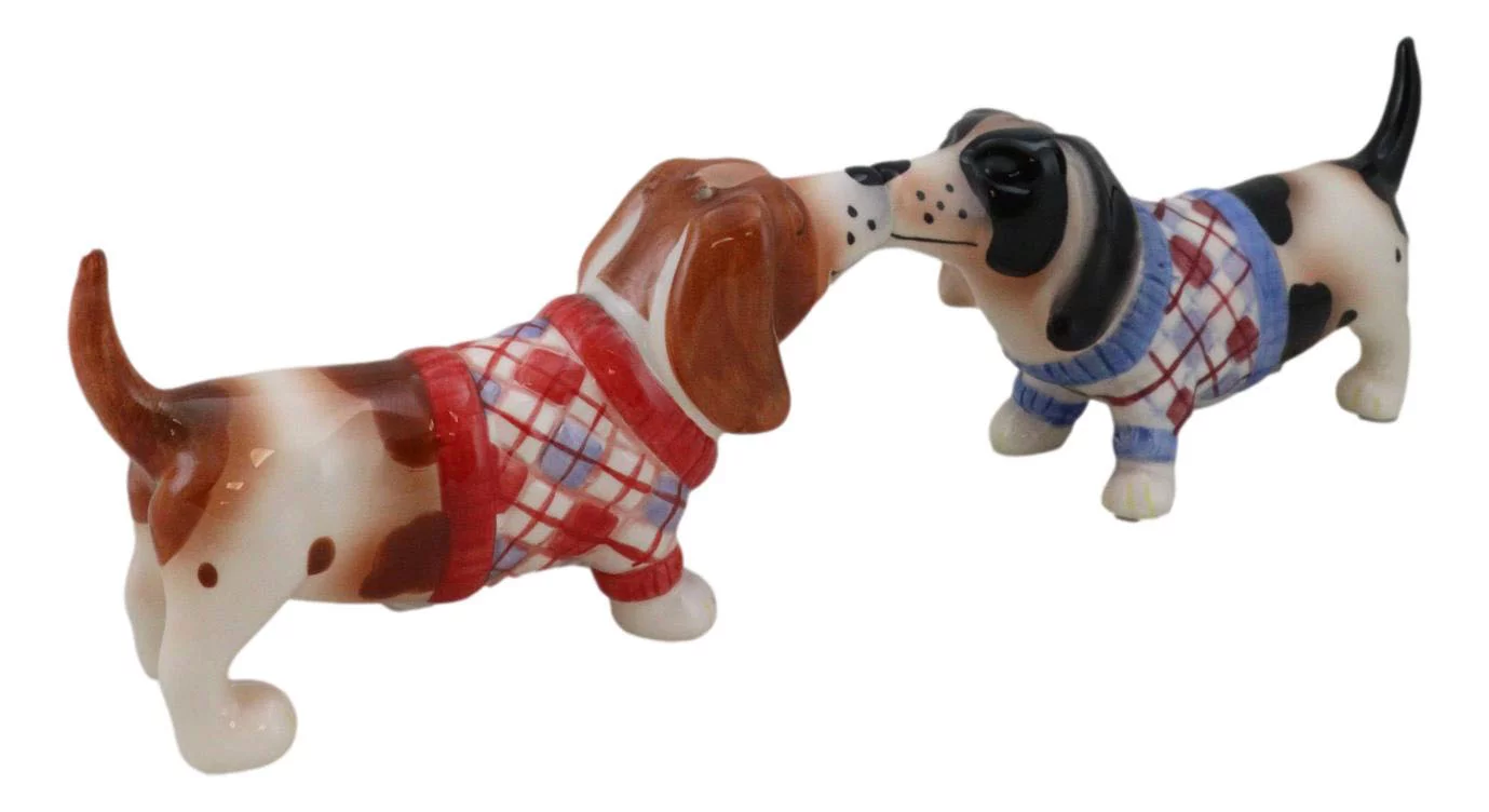 Ebros French Basset Hounds Magnetic Ceramic Salt Pepper Shakers Collectible Set