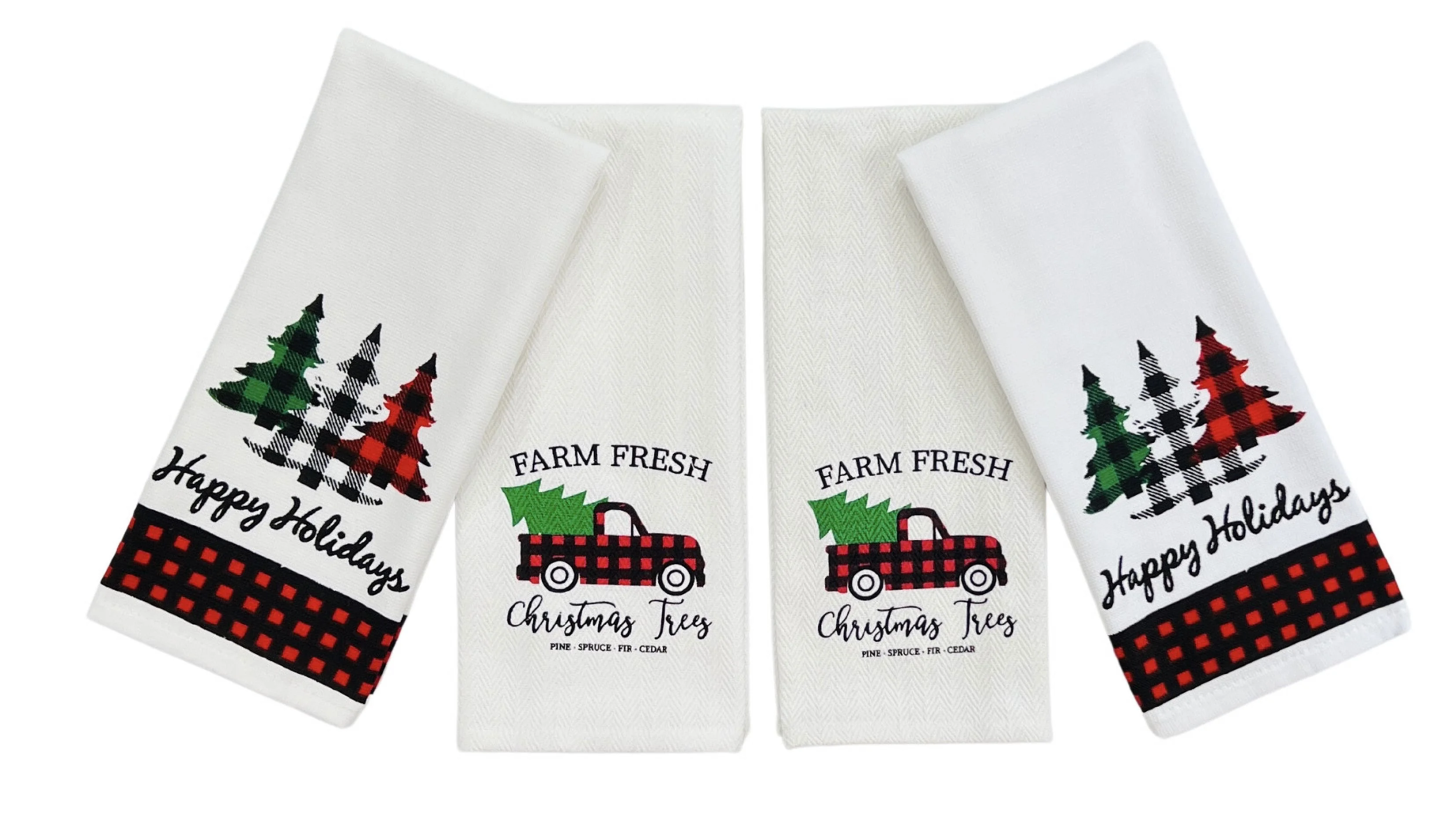 Farmhouse Christmas Kitchen Hand Towels: Country Truck and Trees with Decorative Checkered Prints on Herringbone Cotton Weave with Easy Hang Fabric Loops (Farm Fresh Trees)