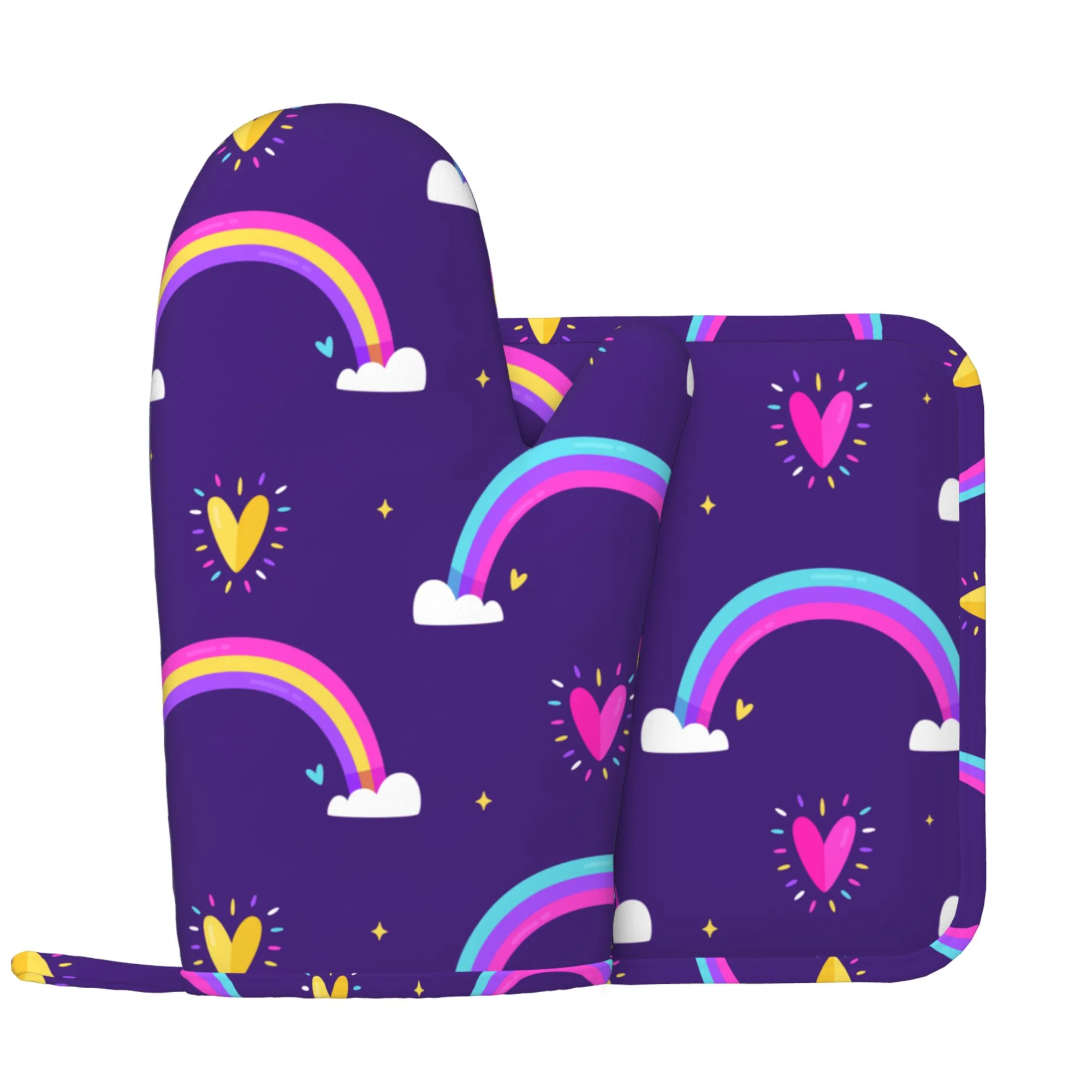 LAKIMCT Rainbow Cloud Heart Silicone Oven Mitts and Pot Holders Sets Kicthen Oven Gloves Hot Pads Potholders Left Mitt for Baking, Sets of 2