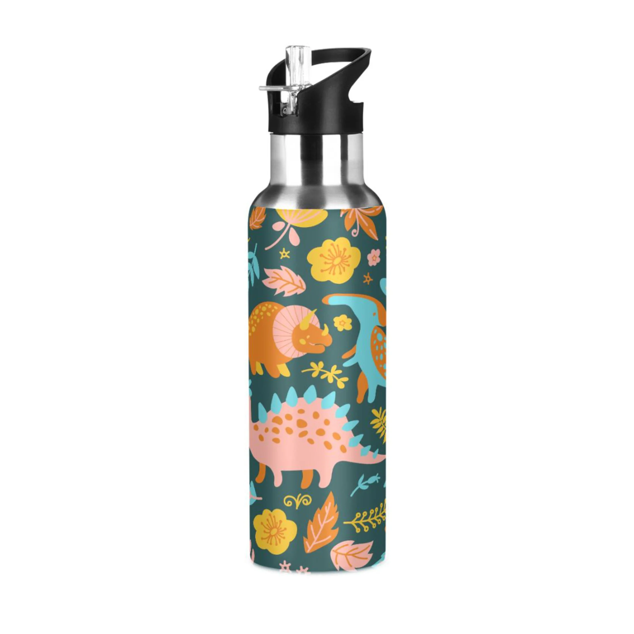 Water Bottle with Straw Lid Leak Dinosaur Cartoon Animals Stainless Steel Insulated Thermos Vacuum Flask for Cold Hot Drinking for Sports Camping Gym Yoga