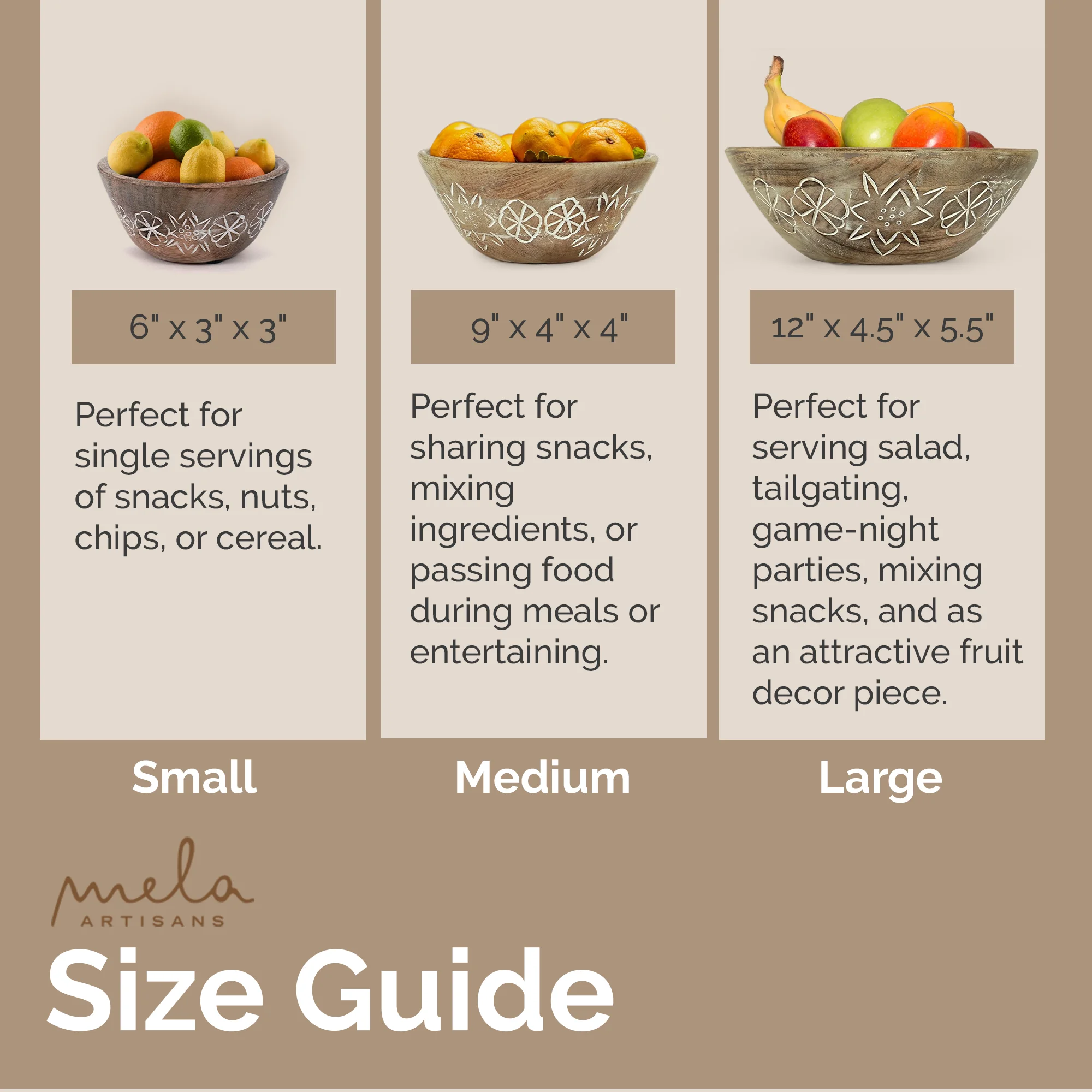 Mela Artisans Hand Carved Small Wooden Serving Bowl - Natural Over White, 6