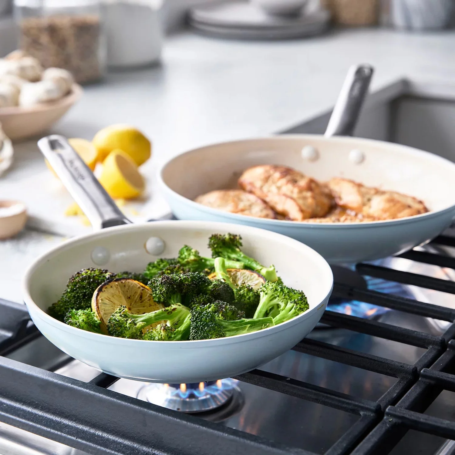 GreenPan Padova Healthy Ceramic Non-Stick 2-Piece Open Frypan Set, 8 and 10-Inch, Light Blue