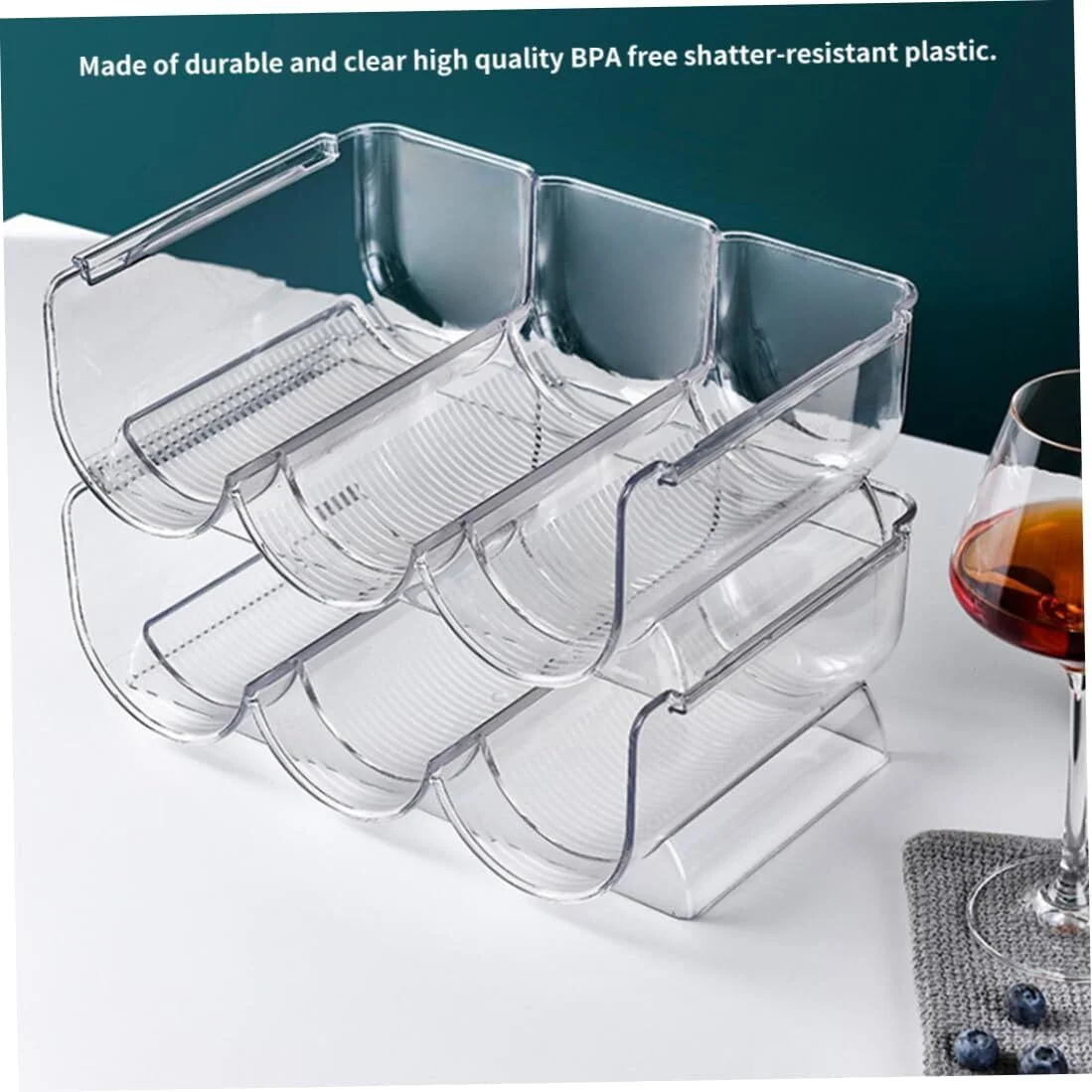 Stackable Plastic 3 Bottle Refrigerator Wine Rack - Kitchen Storage Organizer Holder for Storing Champagne, Wine, and Water Bottles - Stacking Wine Bottle Organizer for Fridge (2 Pack - Clear)