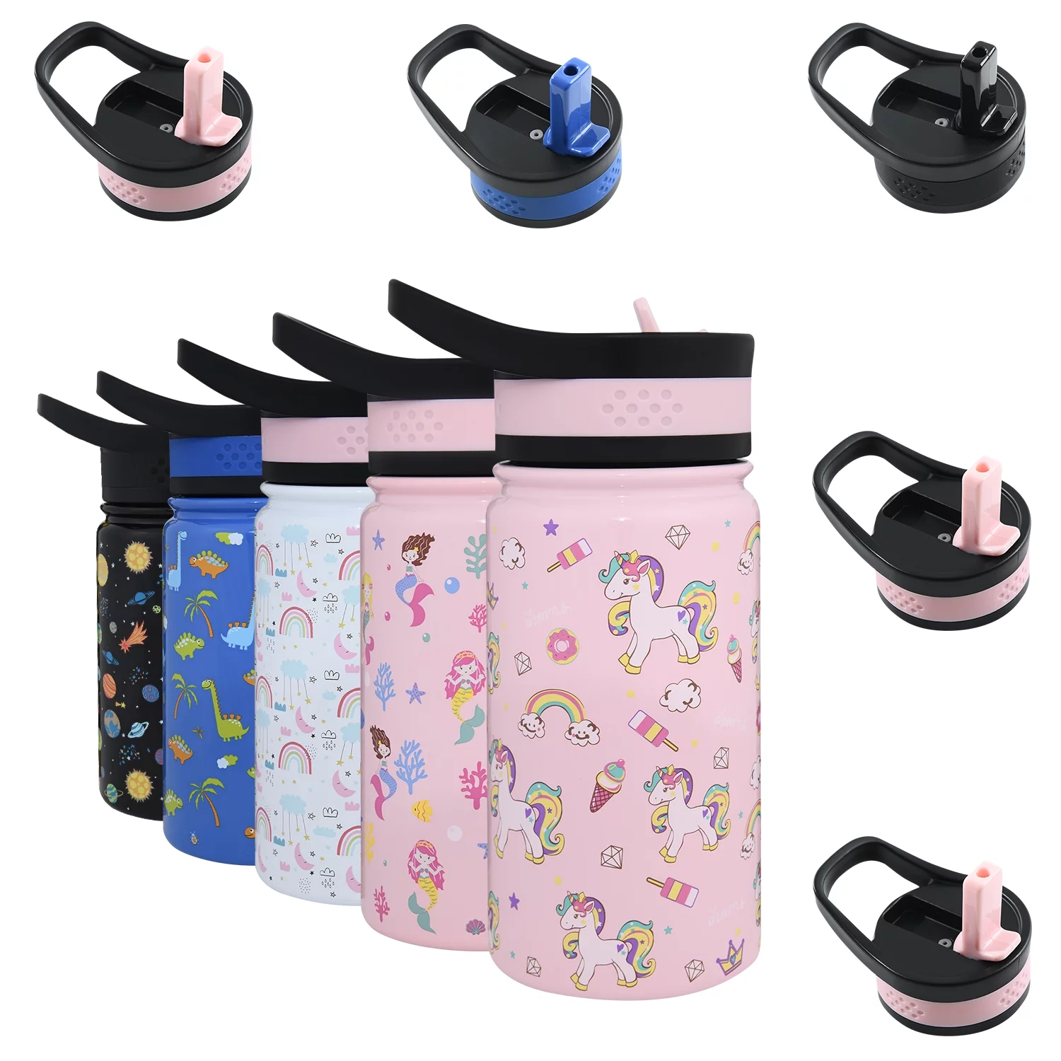 LOCHAS Kids Vacuum Stainless Steel Water Bottle for Toddlers Girls Boys Outdoor Cup,Insulated Water Bottle with Straw 2 Lids,14oz,Unicorn Print