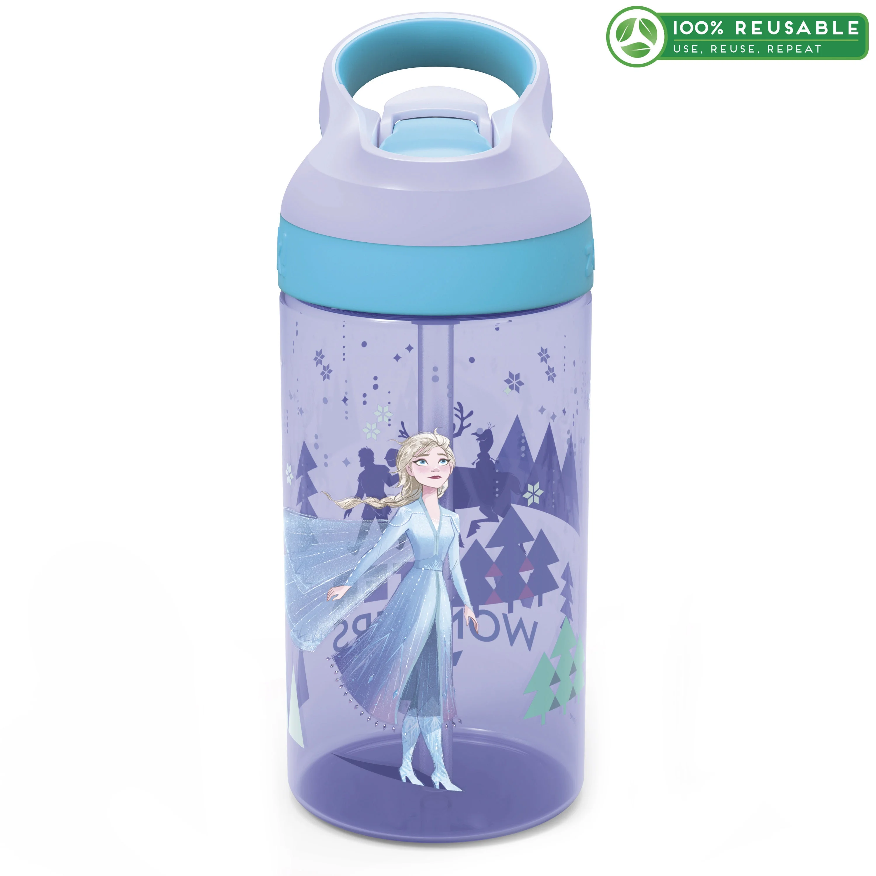 Zak Designs Disney Frozen 2 Kids Straw and Built in Carrying Loop Made of Durable Plastic, Leak-Proof Water Bottle Design, 16 oz, Elsa, FRZH-T383