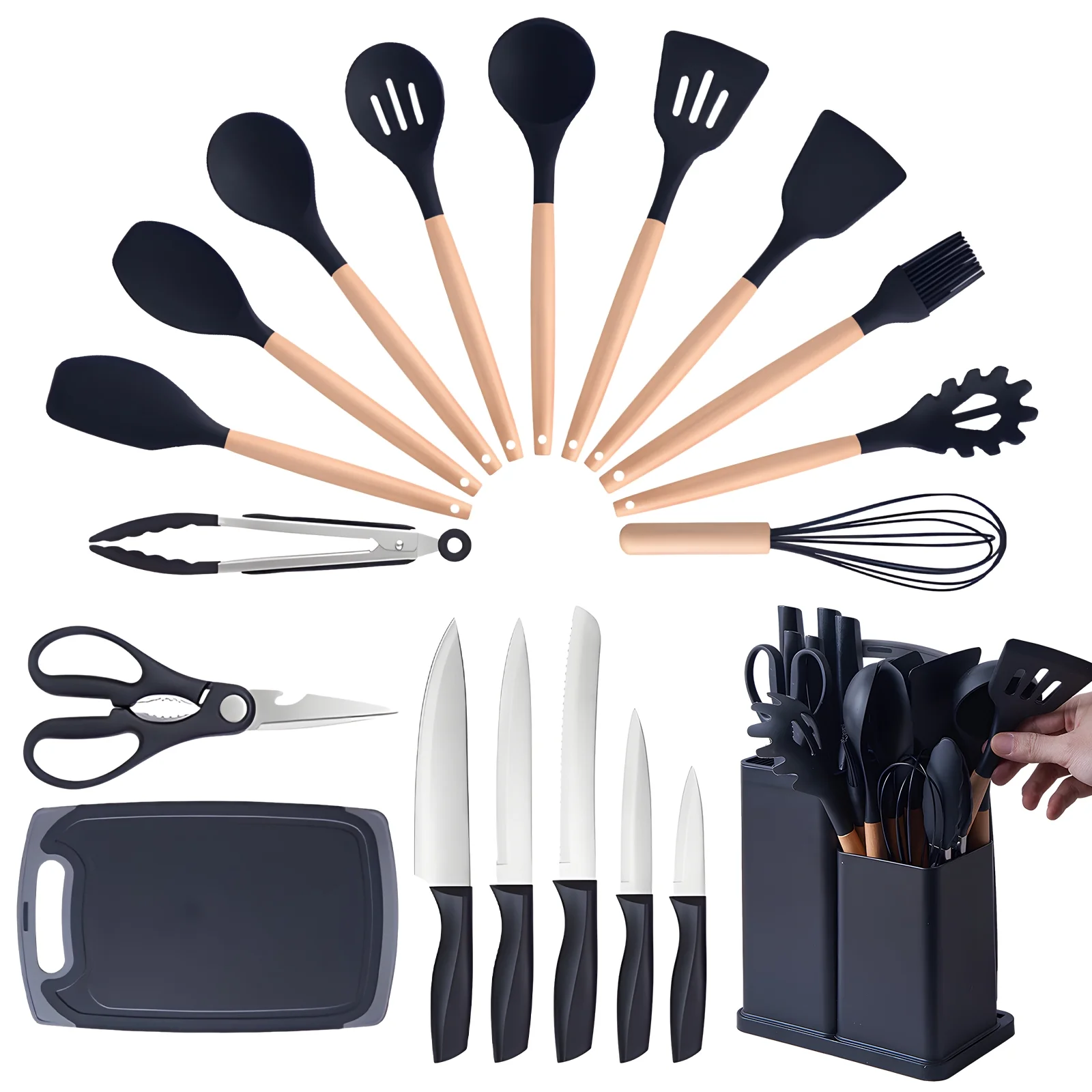Anself Kitchen Utensils Set- 19PCS Silicone Cooking Utensils with Holder, Heat Resistant Kitchen Utensil Spatula Set for Nonstick Cookware, Black Wooden Handles Kitchen Gadgets Tools Set