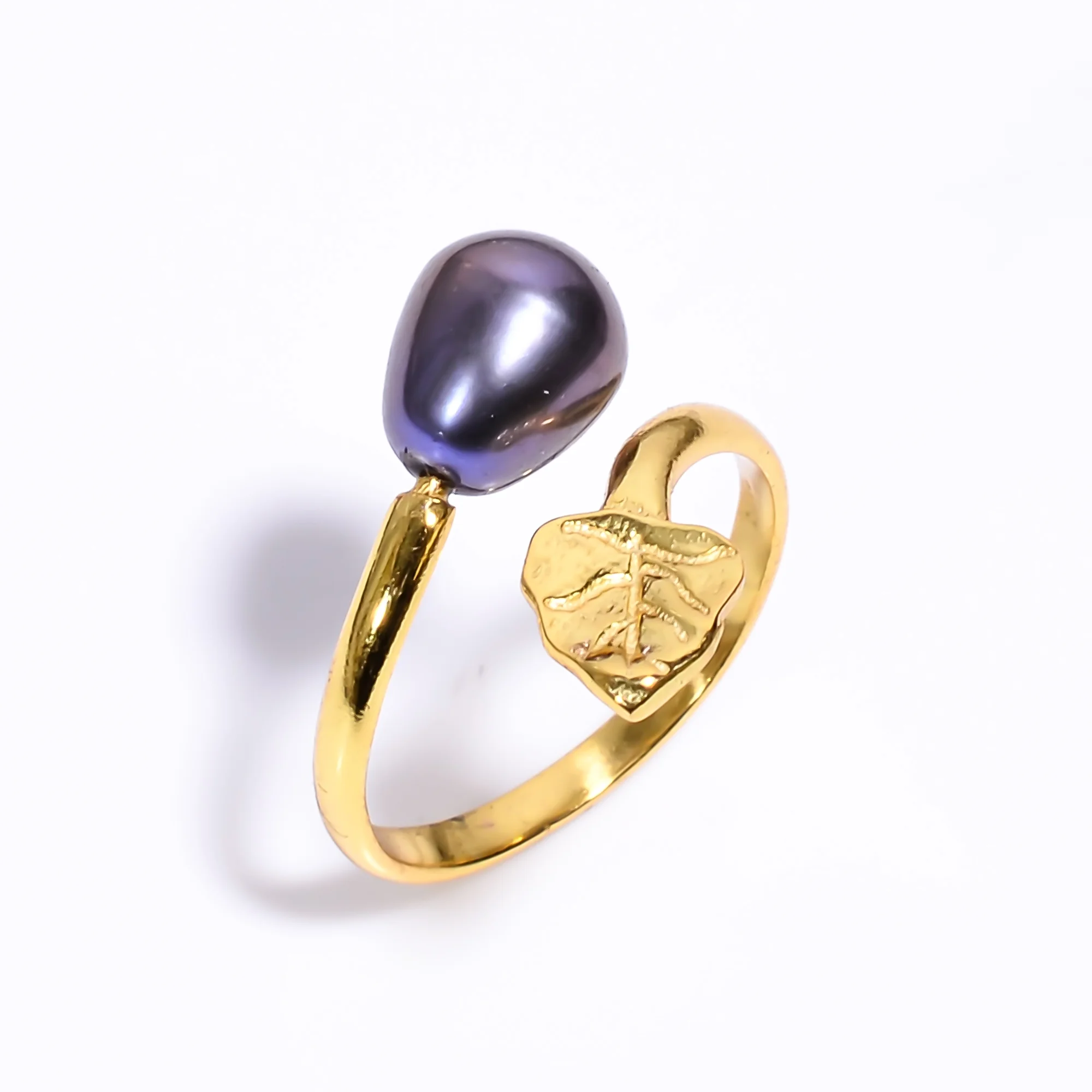 925 Sterling Silver Black Baroque Pearl Ring for Women, Silver Pearl Ring Gold Plated Ring Handmade Jewelry
