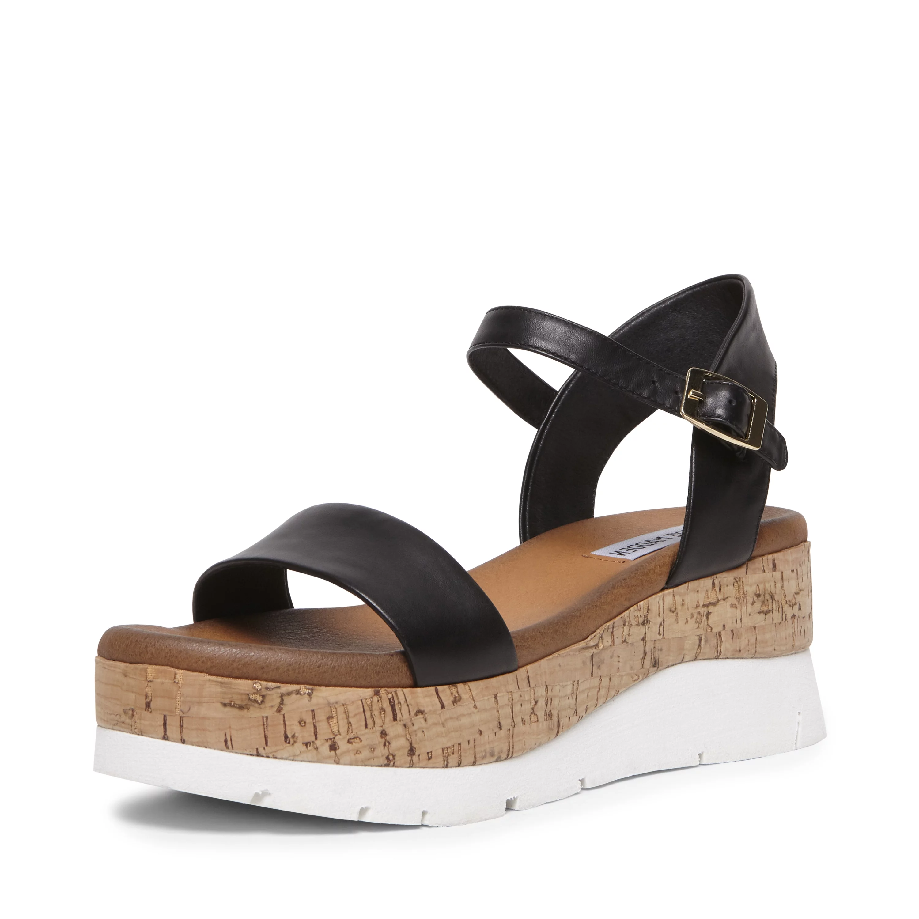 Steve Madden Roselita Ankle Strap Cork Lightweight Platform Wedge Sandals (BLACK LEATHER, 10)