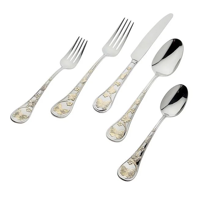 Godinger  Butterfly Sandblast 18-10 Stainless Steel Flatware Set, Gold Plated - 20 Piece