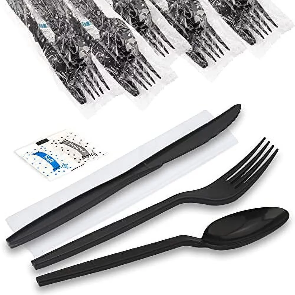 [75 Pack] Individually Wrapped Utensils - Prepackaged Black Plastic Cutlery Set with Disposable Spoon, Fork, Knife, Napkin, Salt and Pepper Packets - Prewrapped to Go Silverware Utensil Packs