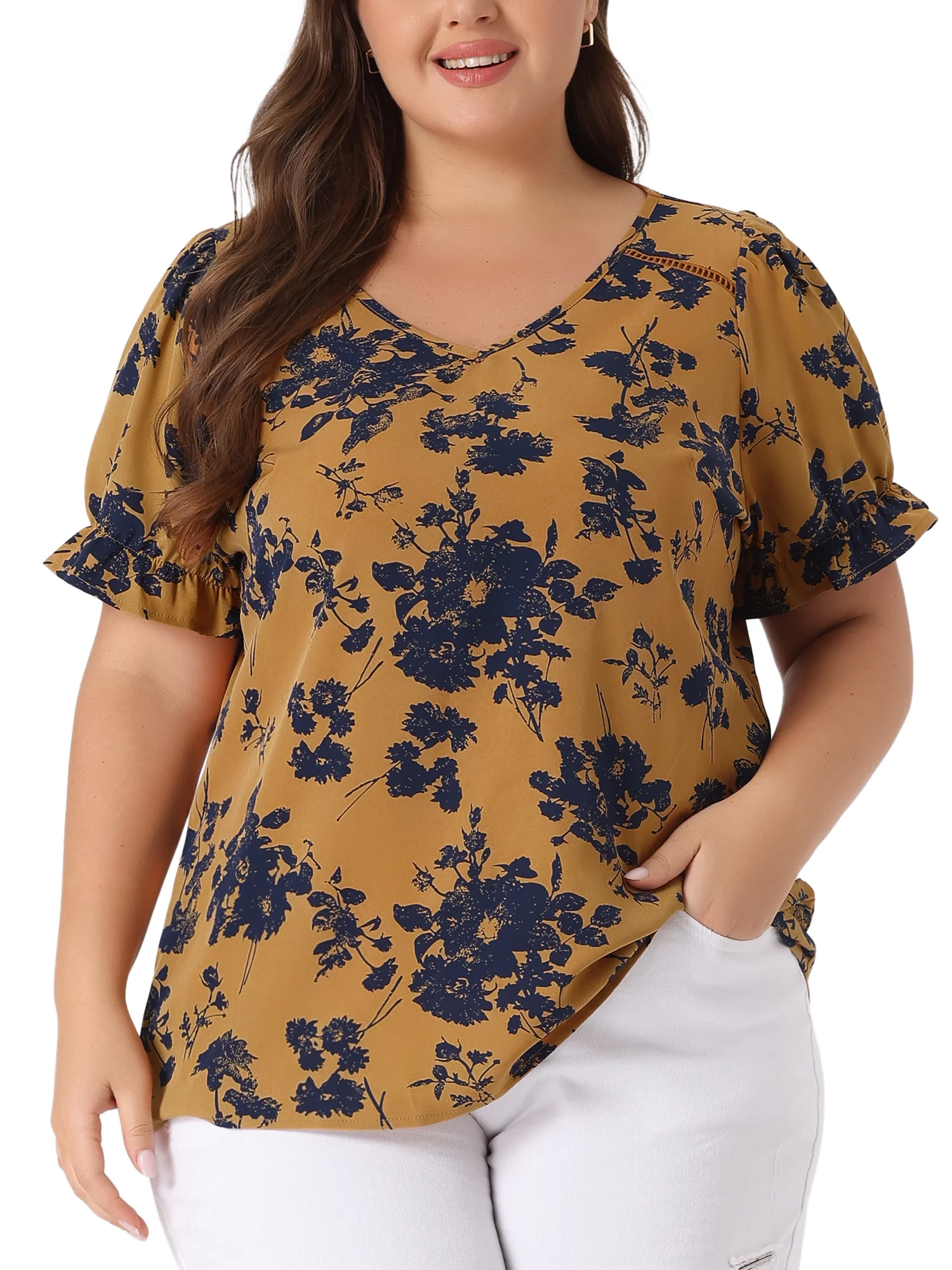 Agnes Orinda Women's Plus Size V Neck Ruffle Sleeve Floral Blouse