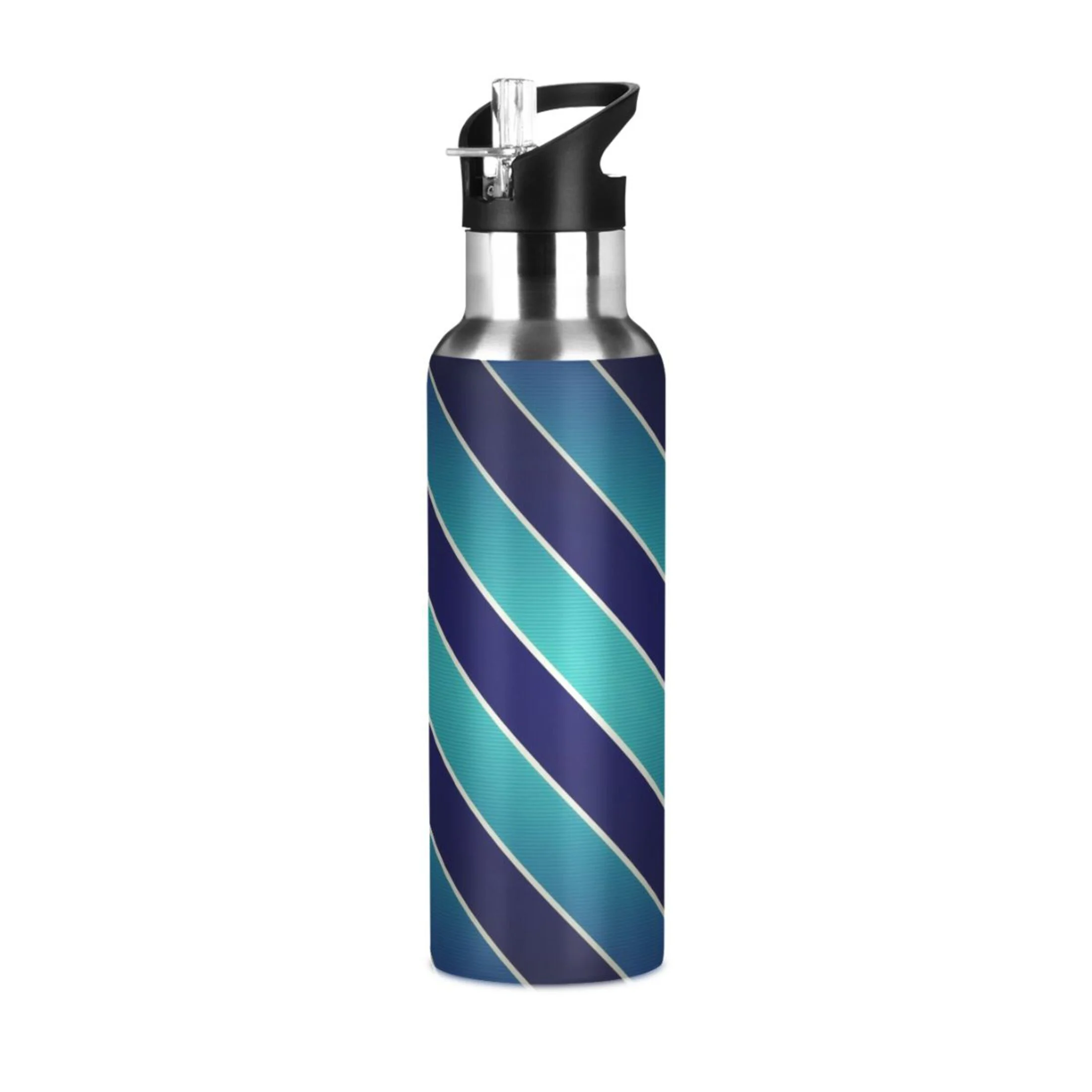 Stainless Steel Water Bottle Blue Stripes with Straw Lid Vacuum Insulated Leak Proof Flask Jug for Gym Travel Sports Cycling Outdoor 20 OZ