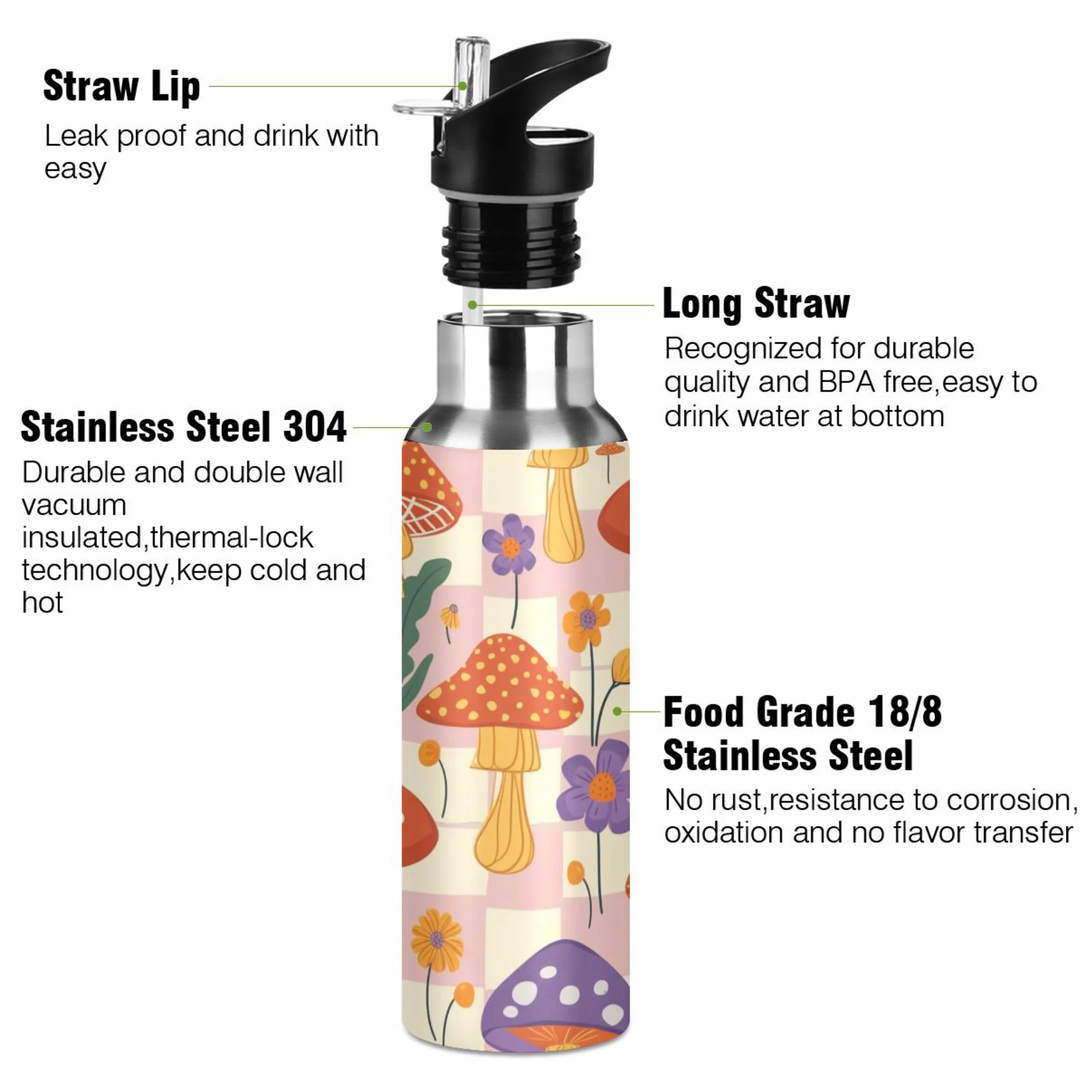 Flowers Mushrooms Grid Water Bottles Insulated Thermos Kids Stainless Steel Bottle with Straw Lid Flask Leakproof for Sports Gym 20 oz