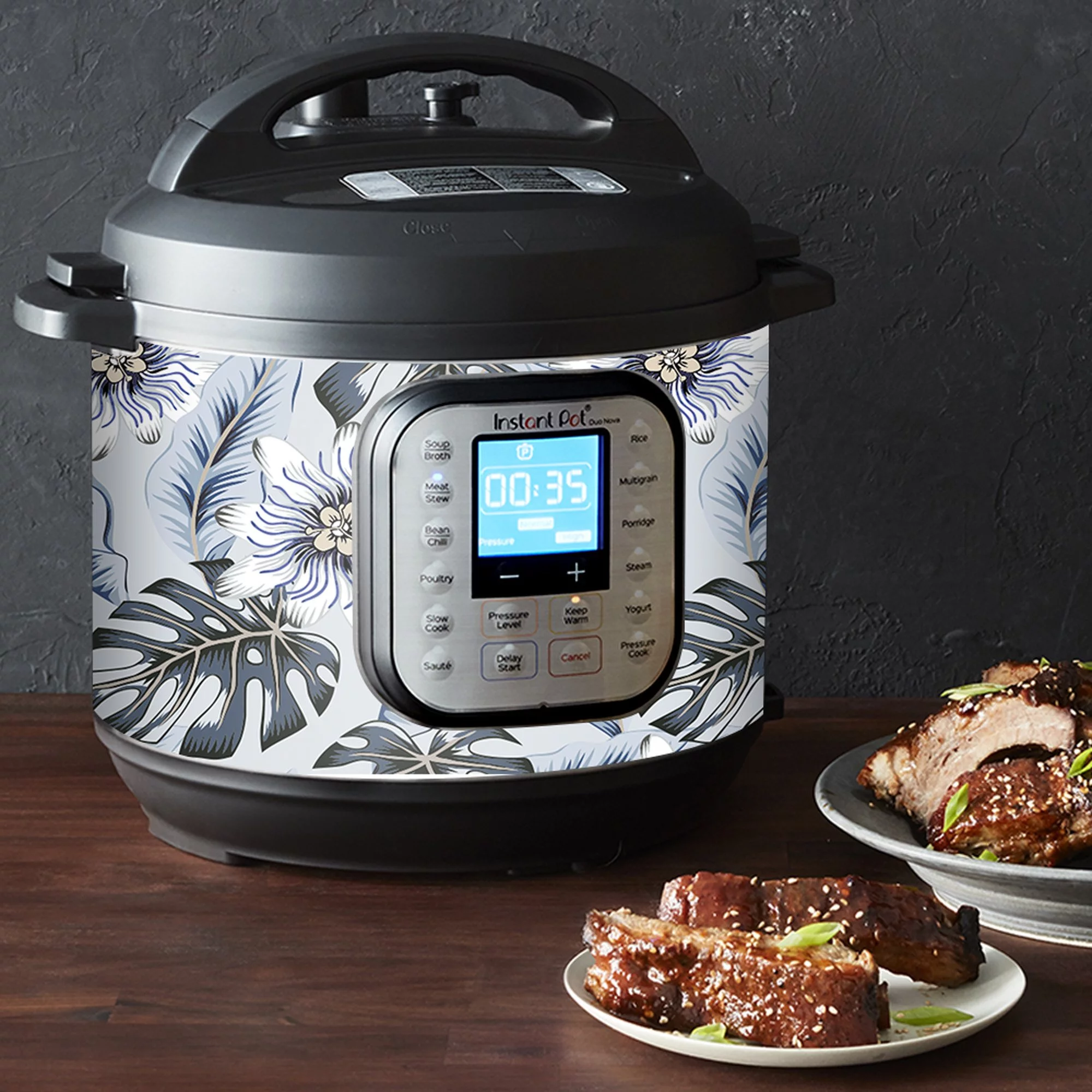 Wrap for Instant Pot Accessories 8 quart Duo Nova 8 Quart Cover Sticker | Wraps fit InstaPot Duo Nova 8 Quart ONLY | Tropical Flowers Blue Hue