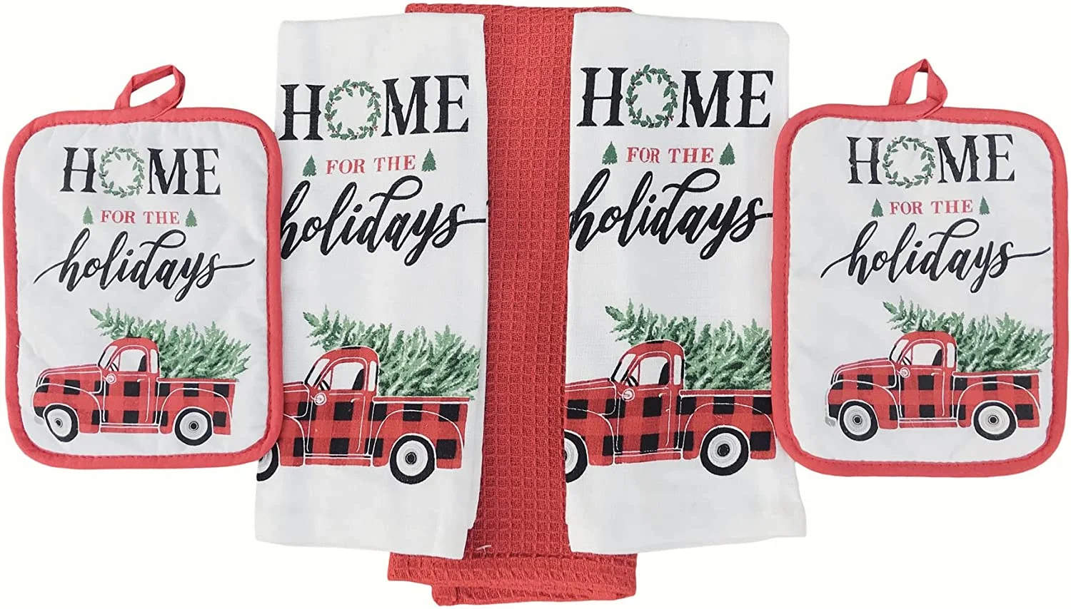 Christmas Holiday Kitchen Towels Pot Holders Set: Country Red Check Truck with Tree Home for The Holidays! (Holiday Home)