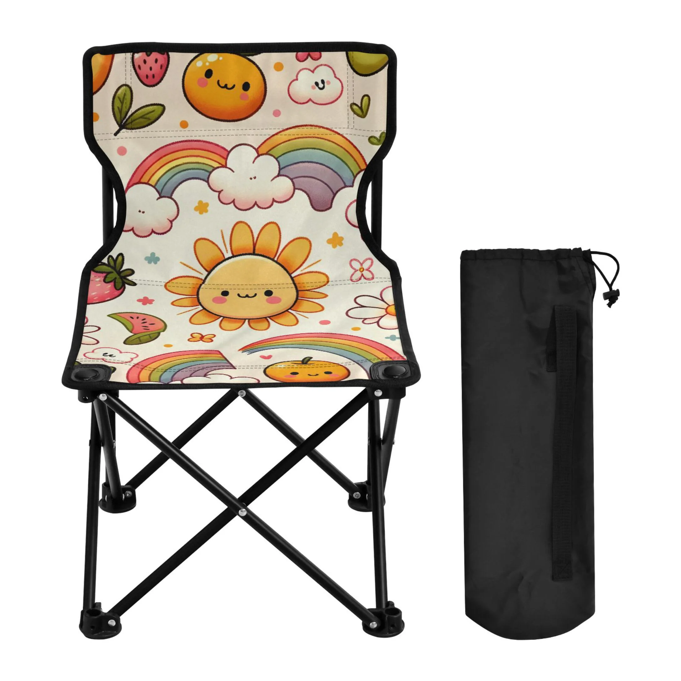 Sun and Rainbow Strawberry Portable Camping Chair Outdoor Folding Beach Chair Fishing Chair Lawn Chair with Carry Bag Support to 220LBS