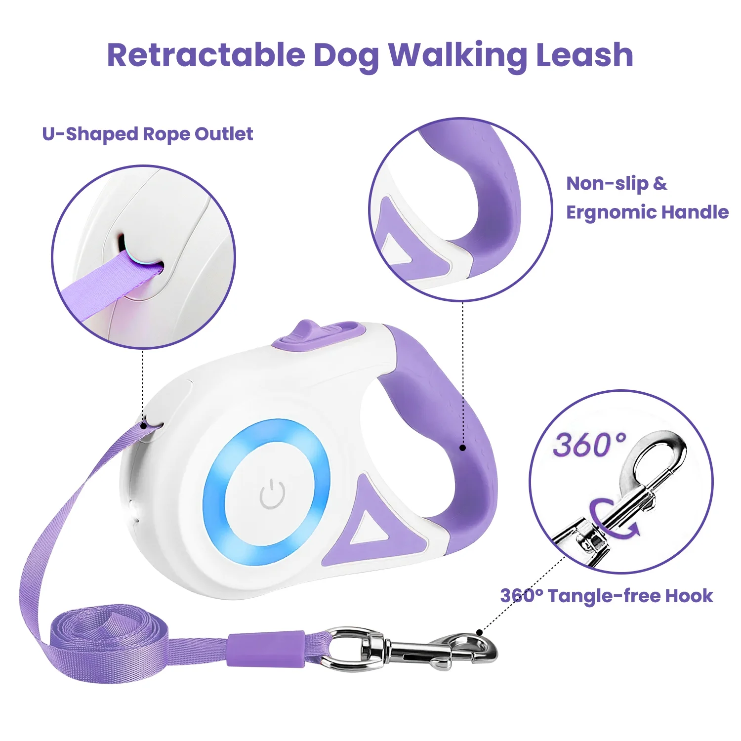 16ft Retractable Dog Leash, iMounTEK One-Hand Brake Pet Walking Leash with Flashlight RGB Light, 2 Rolls Waste Bags, Purple