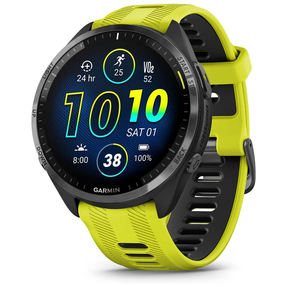 Garmin 010-02809-02 Forerunner 965 Running Smartwatch, Amp Yellow and Black Bundle with Workout Cooling Sport Towel + Deco Essentials Wearable Commuter Front & Rear Safety Light