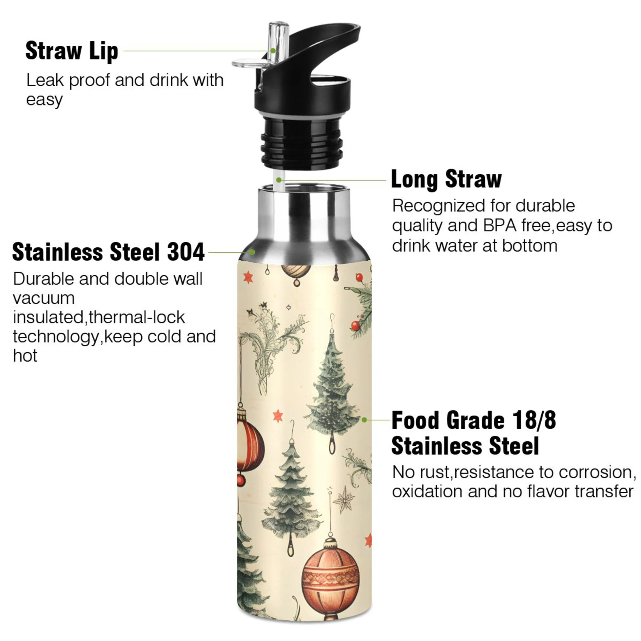 Water Bottle with Straw Lid Leak Trees Christmas Stainless Steel Insulated Thermos Vacuum Flask for Cold Hot Drinking for Sports Camping Gym Yoga