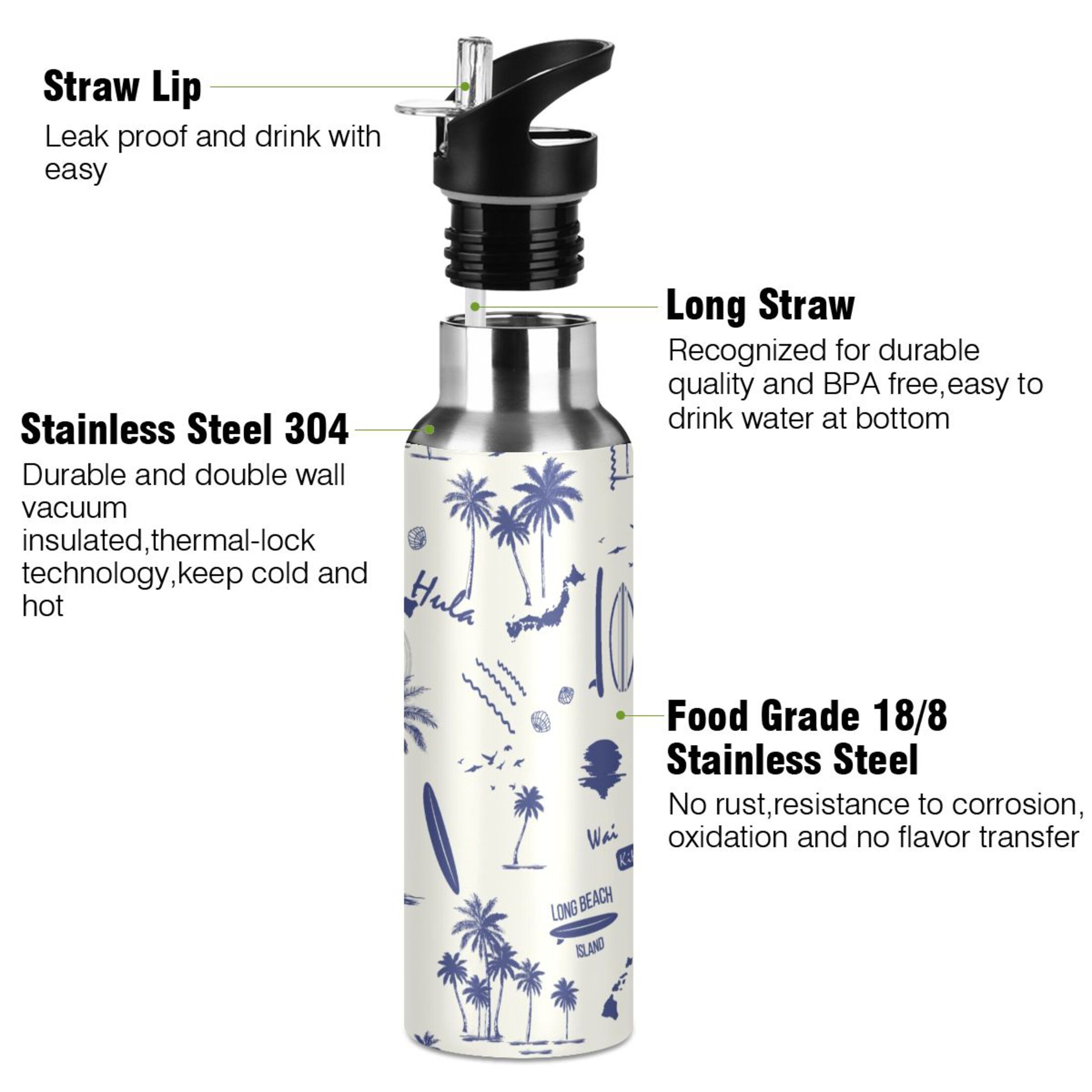 Hawaii Palm Tree Summer Water Bottles Insulated Thermos Kids Stainless Steel Bottle with Straw Lid Flask Leakproof for Sports Gym 20 oz