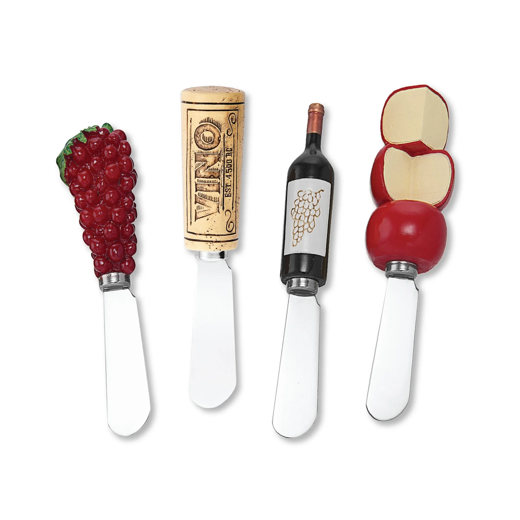 Mr. Spreader 4-Piece Vino Hand Painted Resin Handle with Stainless Steel Blade Cheese Spreader/Butter Spreader Knife, Assorted