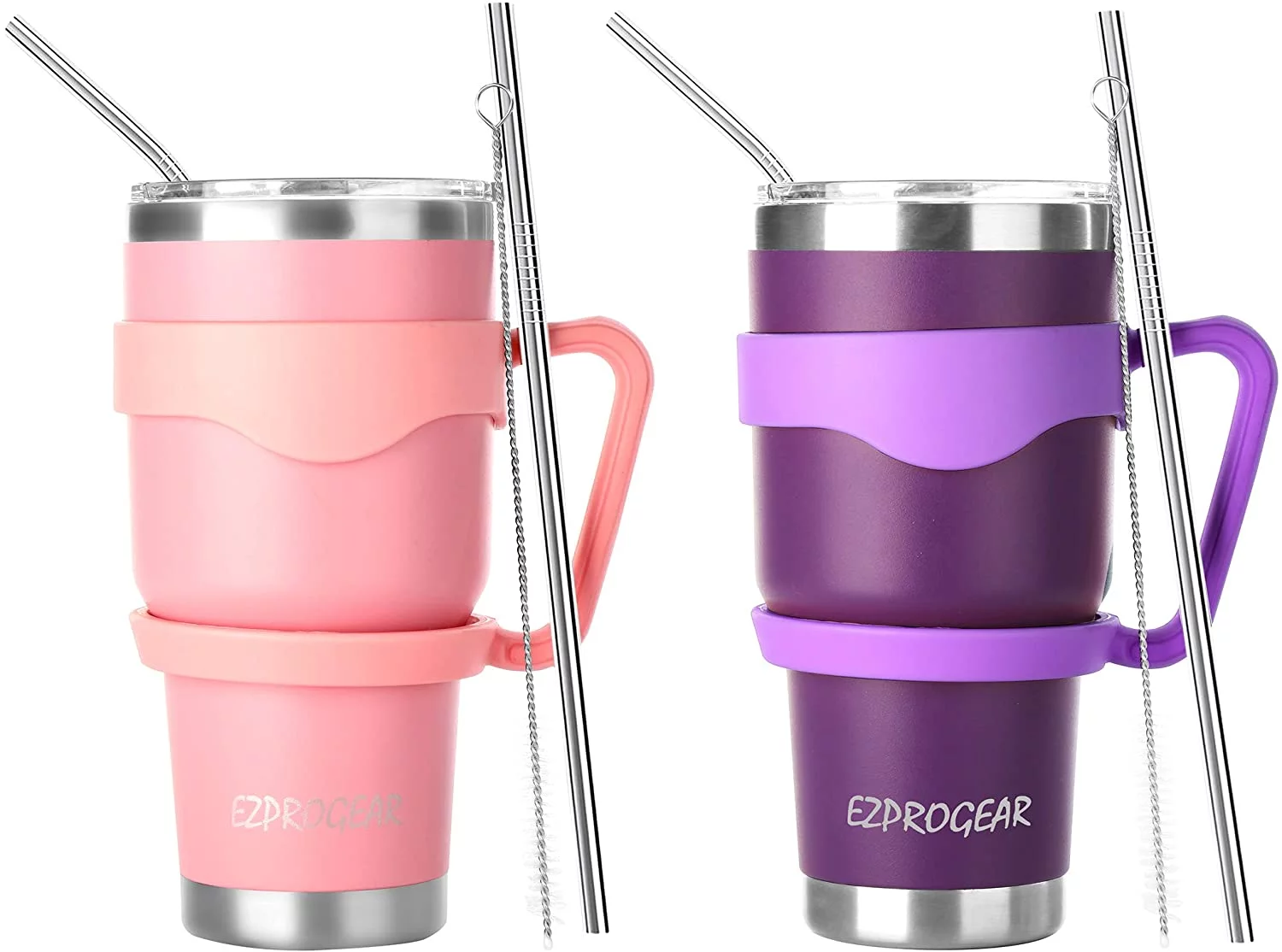 Ezprogear 30 oz 2 Pack Stainless Steel Tumbler Double Wall Vacuum Insulated Coffee Cup Travel Mug with Handle & Straws (Pink & Purple)