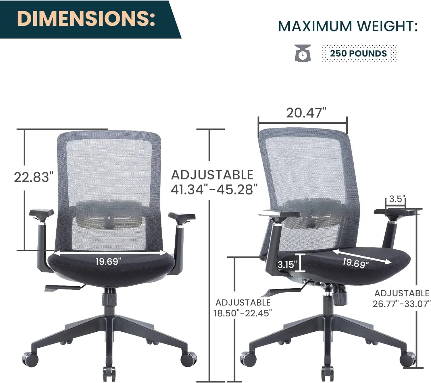 Igram Moder Height Office Task Chair With Adjustable Armrests Ad 360 Degree Swivel, Grey