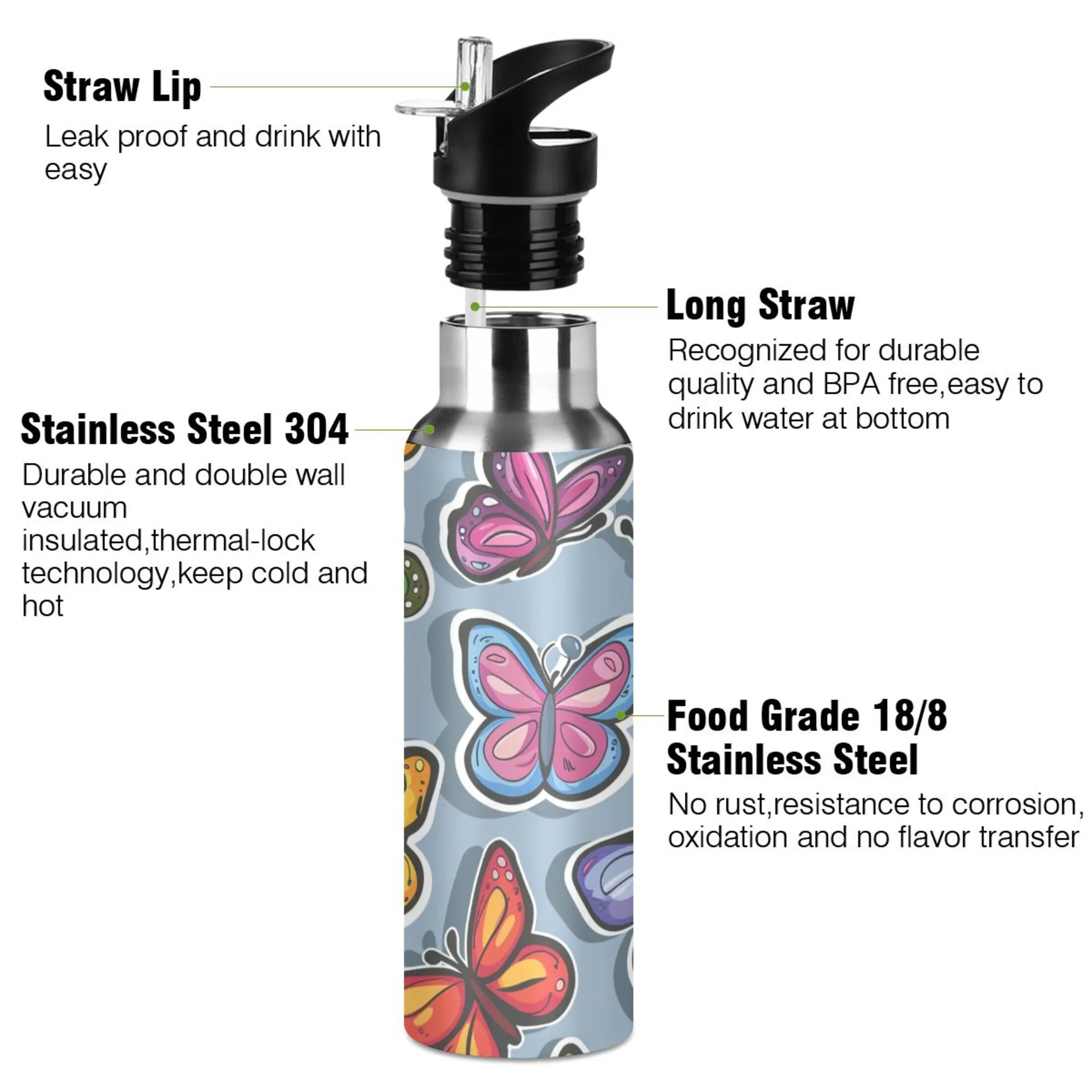 Abstract Butterfly Water Bottles Insulated Thermos Kids Stainless Steel Bottle with Straw Lid Flask Leakproof for Sports Gym 20 oz
