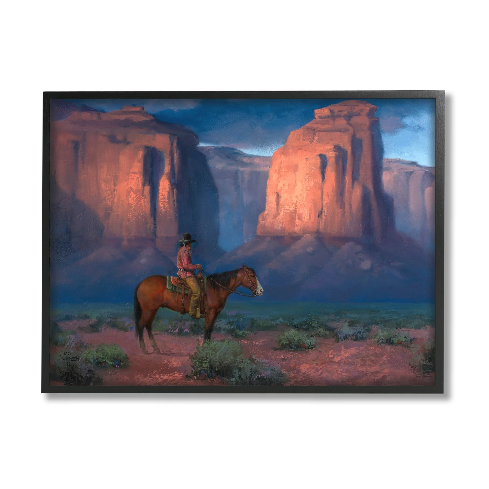 Jack Sorenson Cowboy Riding Old Wild West Arid Grand Canyon 14 in x 11 in Framed Painting Art Print, by Stupell Home Décor