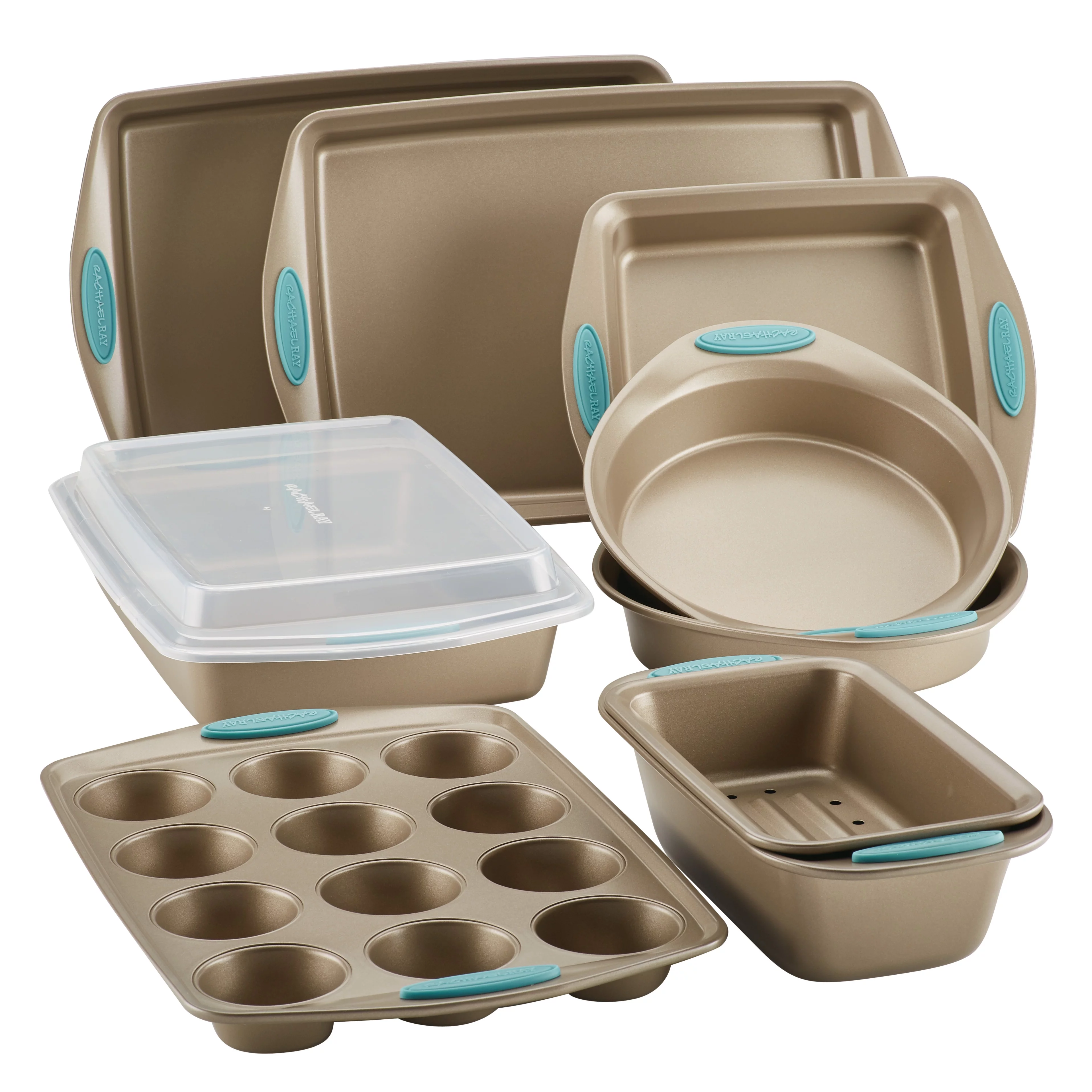 Rachael Ray Cucina Nonstick Bakeware Baking Pans Set, 10-Piece, Latte Brown and Agave Blue