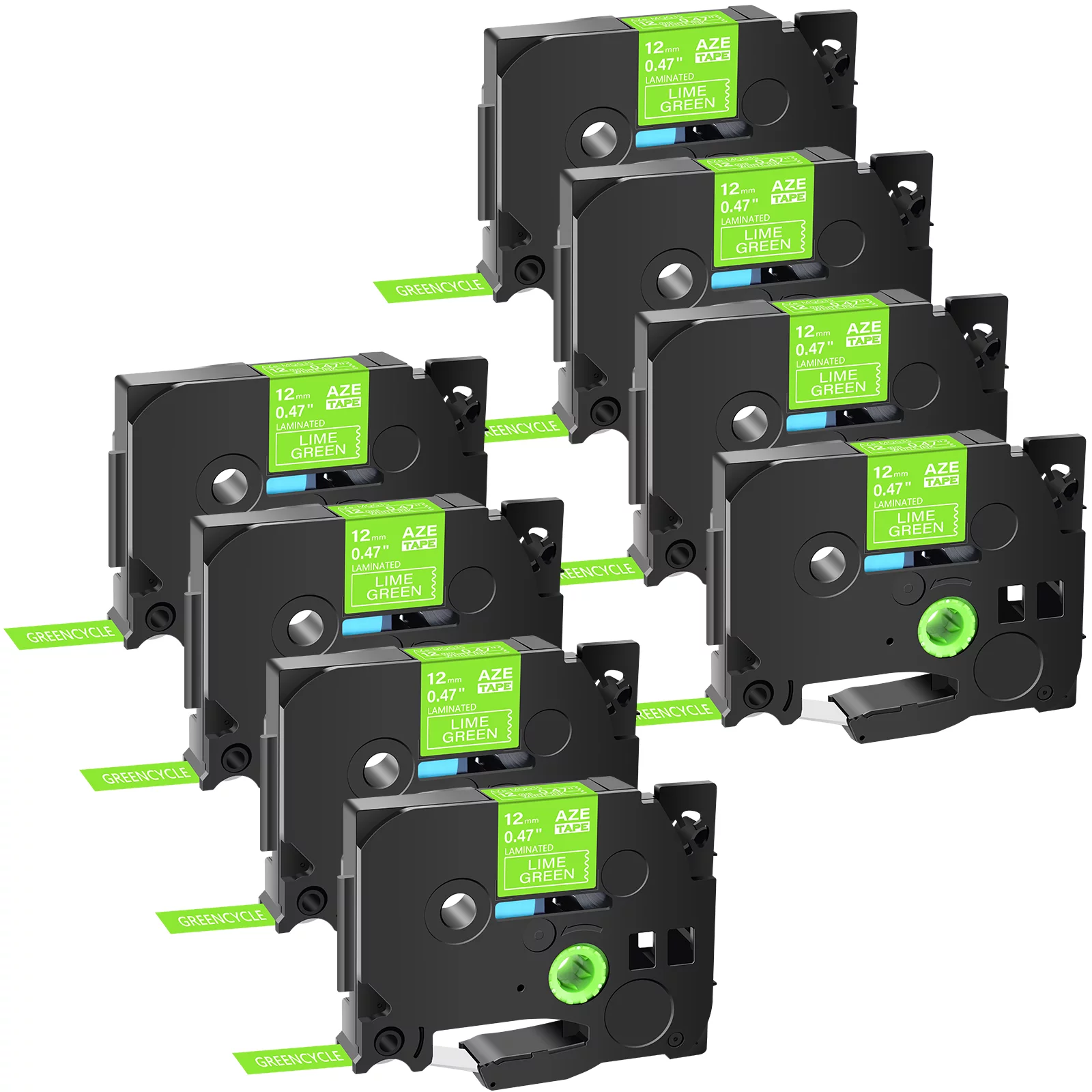 GREENCYCLE 8PK Compatible for Brother P-touch TZe-MQG35 TZ-MQG35 12mm 5m White on Lime Green Laminated Label Tape