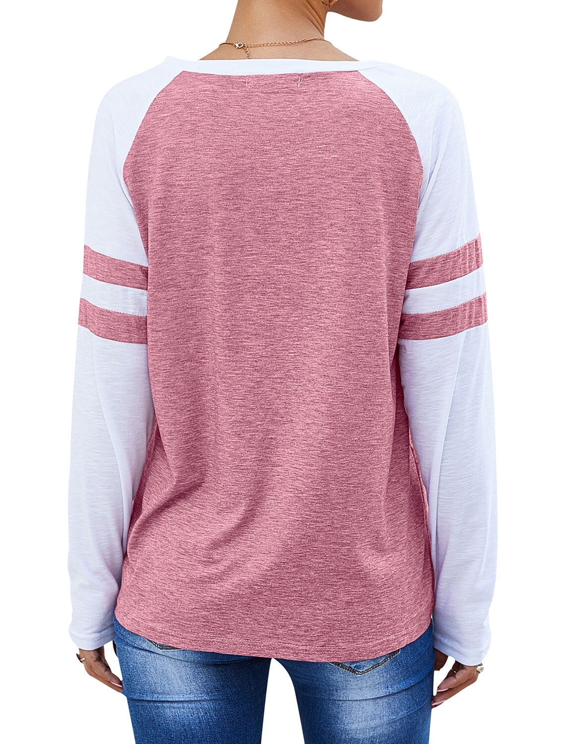 STARVNC Women Stripe Splice Long Sleeve Crew Neck Shirt