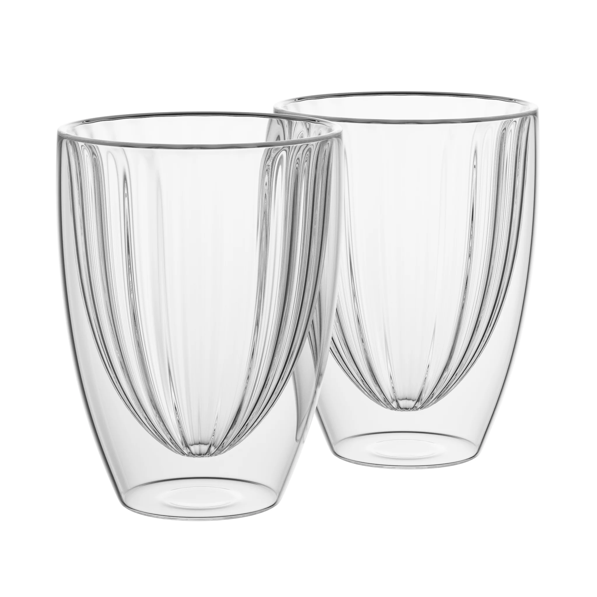 Elle Decor Ribbed Double Wall Set of 2 Coffee Mugs, Ribbed Insulated Glass, 11-Ounce, Clear